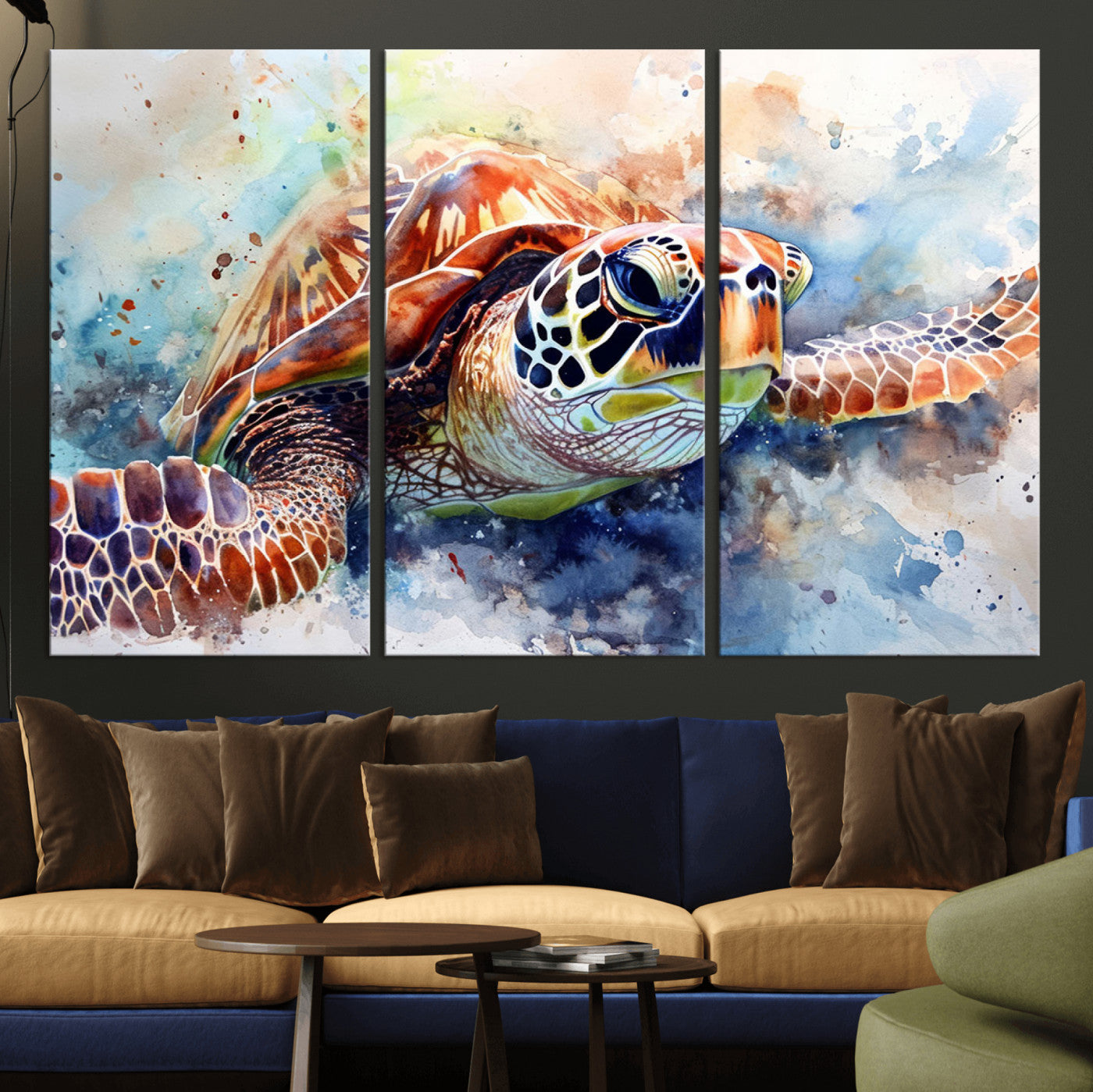 MGV-CV-48X32-3P - Watercolor Sea Turtle Wall Art Canvas Print - Vibrant Ocean Colors in Watercolor Style - Ready to