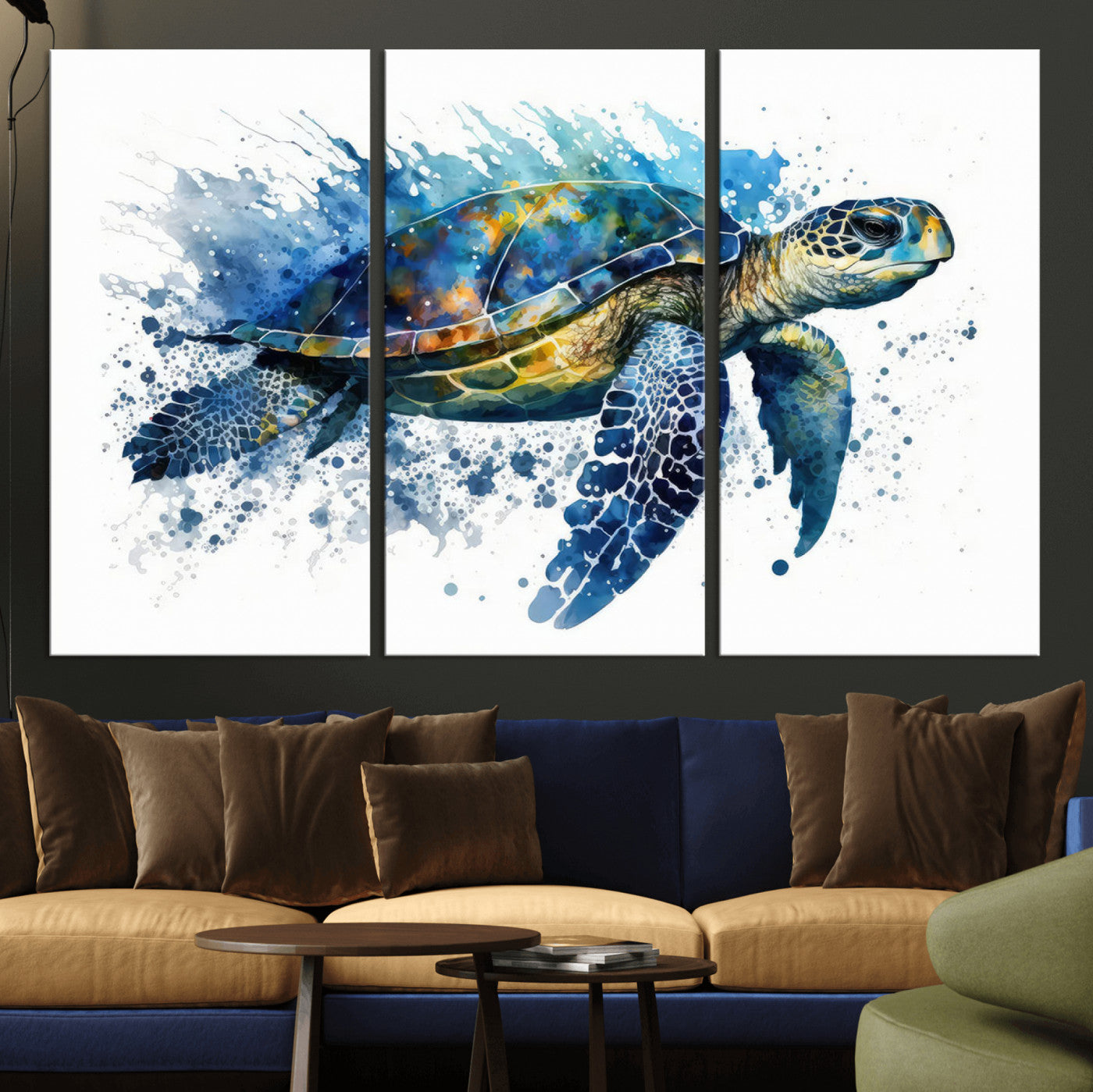 MGV-CV-48X32-3P - Turtle Wall Art Canvas Print, Framed Watercolor Turtle Art Picture Print, Ocean Life Perfect Nautical Decor Artwork