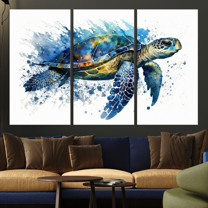 The Turtle Wall Art Print, featuring blue splashes, beautifully showcases Ocean Life.