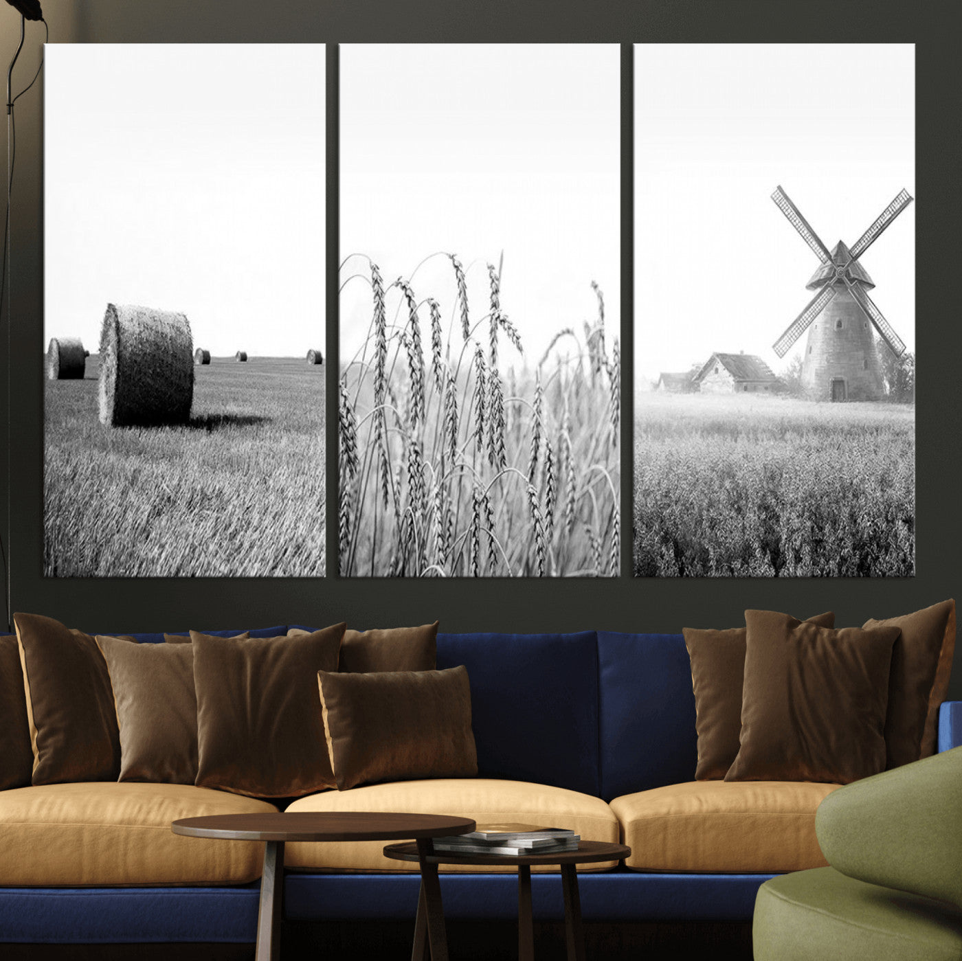 MGV-CV-48X32-3P - Vintage Farmhouse Black and White Triptych Wall Art – Giclee Canvas Featuring Wheat Fields, Hay