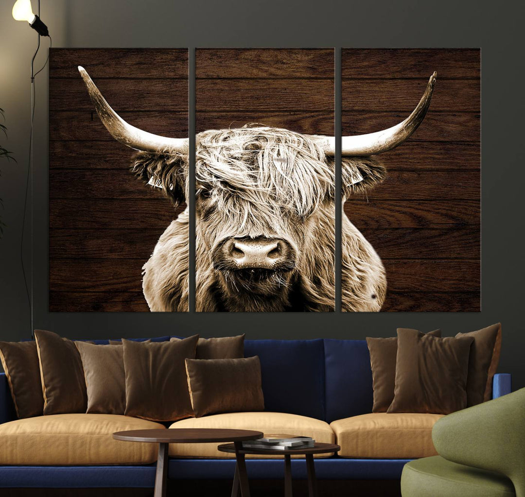 Highland Cow Wall Art Canvas Print, Rustic Farmhouse Decor, Majestic Scottish Highland Bull Portrait for Living Room – Ready to Hang