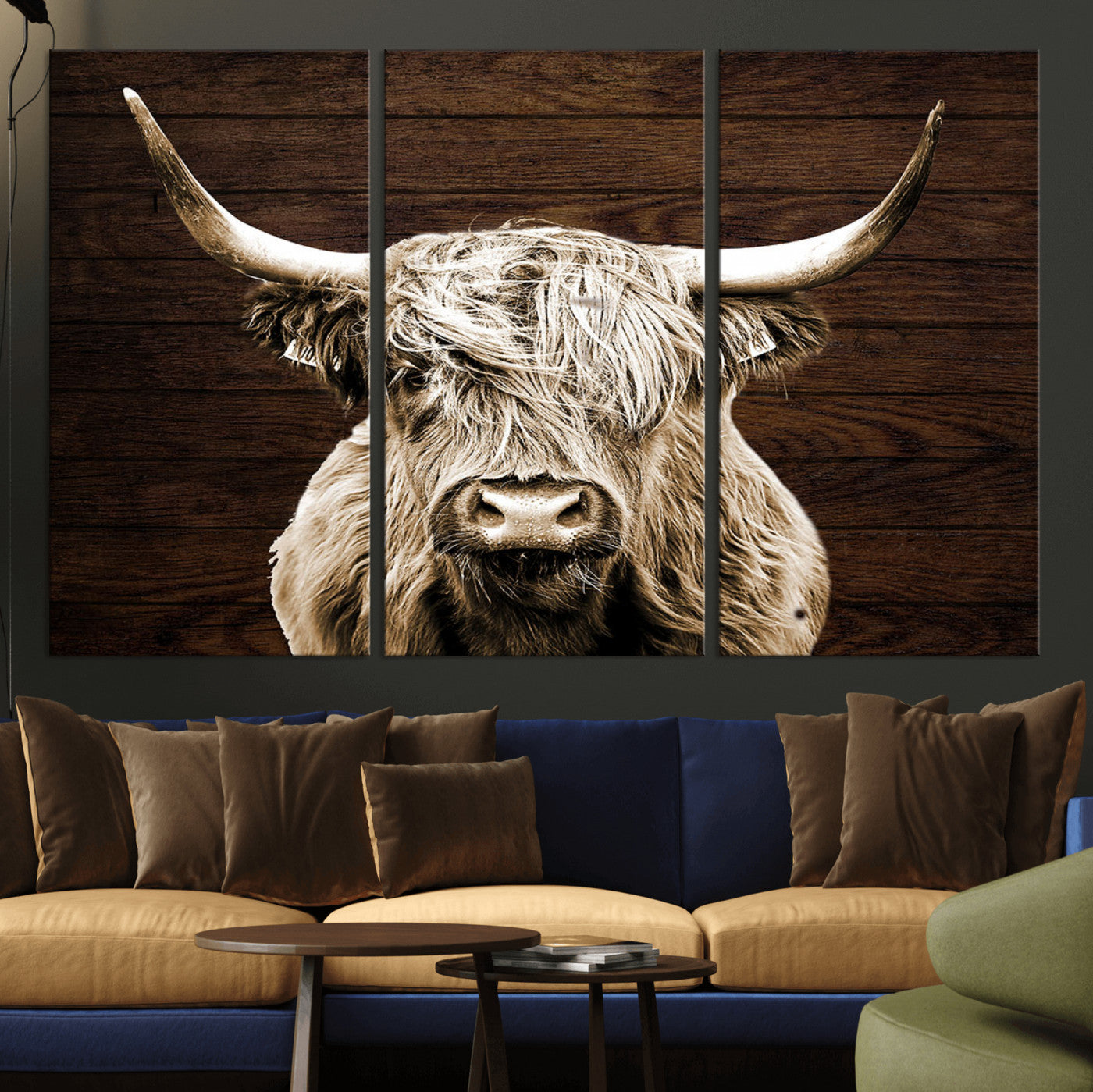 MGV-CV-48X32-3P - Highland Cow Wall Art Canvas Print, Rustic Farmhouse Decor, Majestic Scottish Highland Bull Portrait
