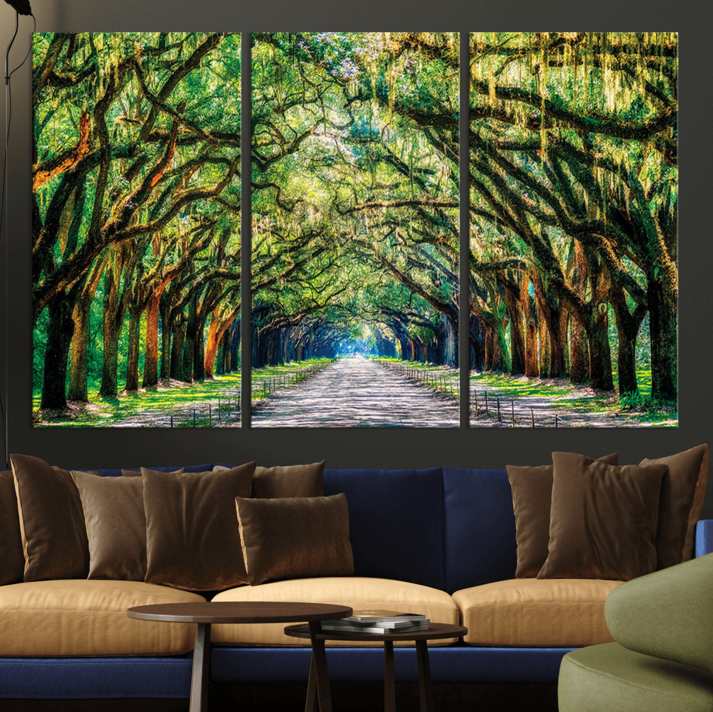 MGV-CV-48X32-3P - Serene Tree Tunnel Wall Art Canvas Print – Pathway Under Canopy of Lush Green Trees, Nature-Inspired