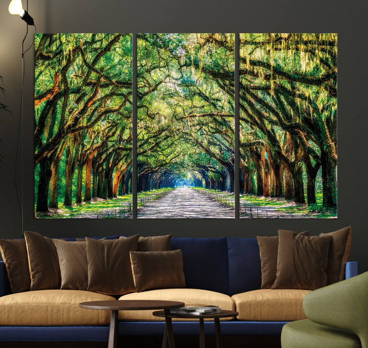 Serene Tree Tunnel Wall Art Canvas Print – Pathway Under Canopy of Lush Green Trees, Nature-Inspired Decor for Living Room – Ready to Hang