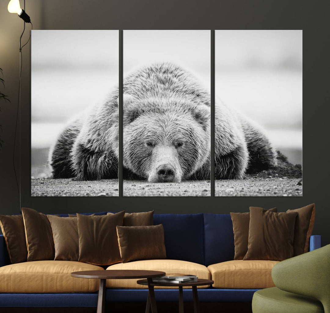 Resting Bear Wall Art Canvas Print – Majestic Lazy Black and White Wildlife Bear Art, Perfect for Nature-Inspired Home Decor – Ready to Hang