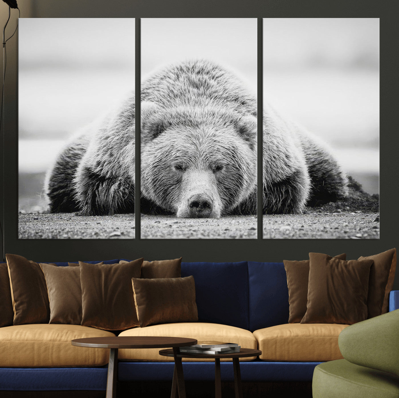 MGV-CV-48X32-3P - Resting Grizzly Bear Wall Art Canvas Print – Majestic Lazy Black and White Wildlife Bear Art,