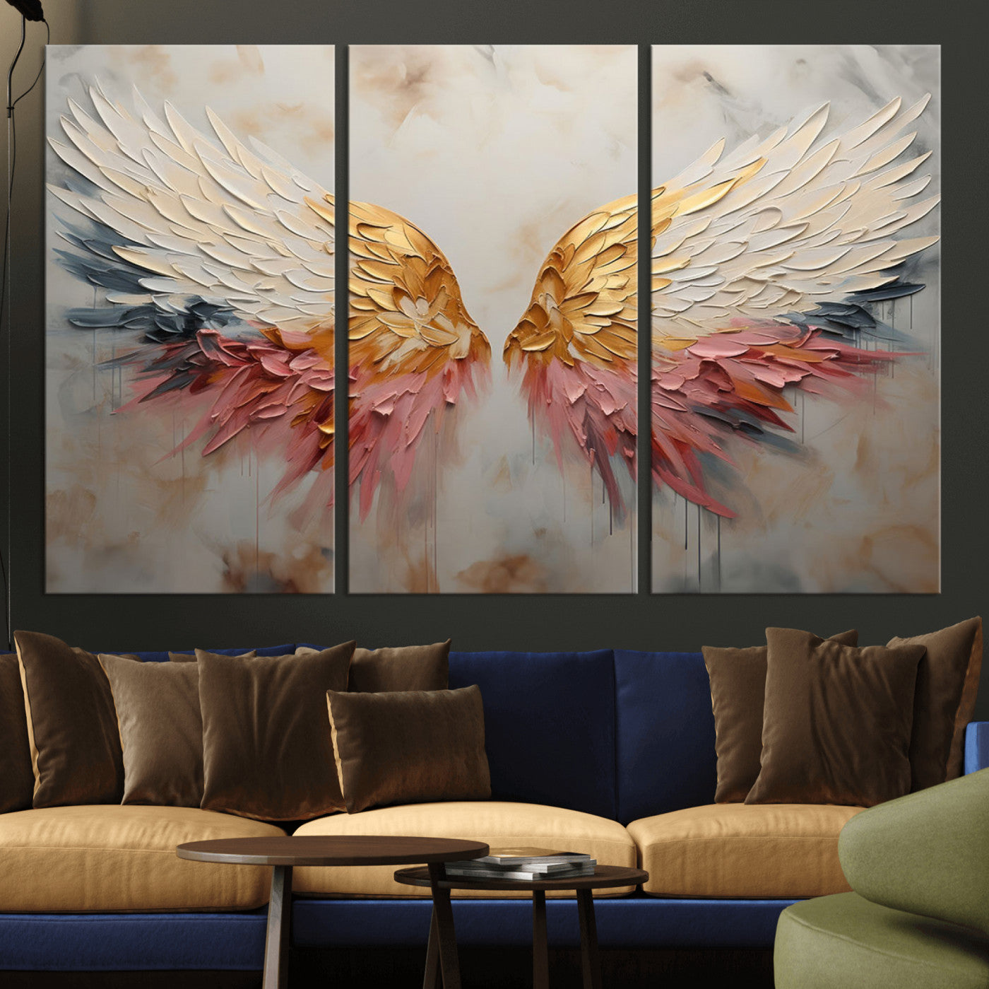 MGV-CV-48X32-3P - Golden Angel Wings Wall Art Canvas Print – Stunning Abstract Winged Art for Elegant Home Decor –