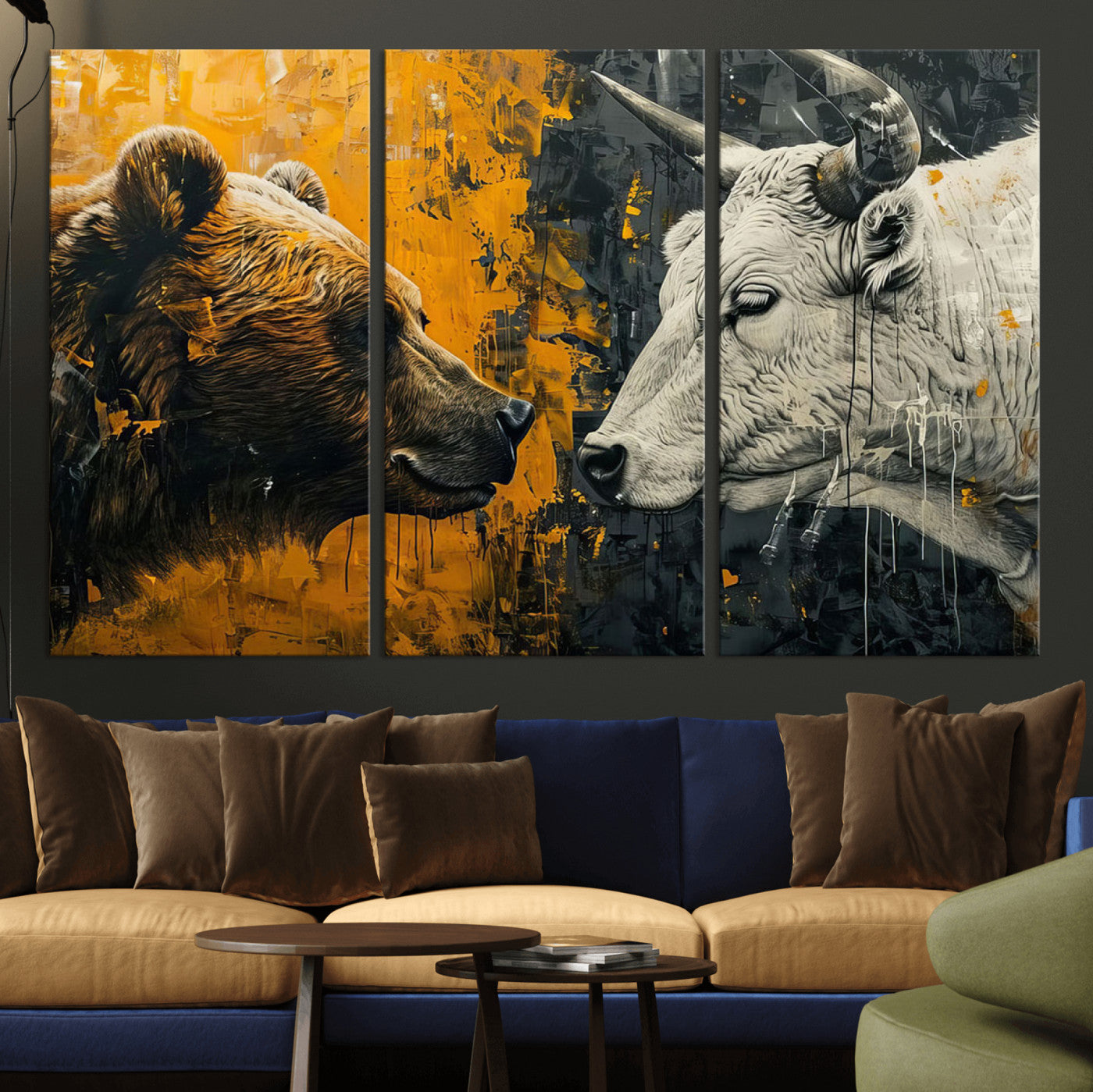 MGV-CV-48X32-3P - Bear and Bull Wall Art Canvas Print – Abstract Animal Portrait Painting for Modern Home Decor –