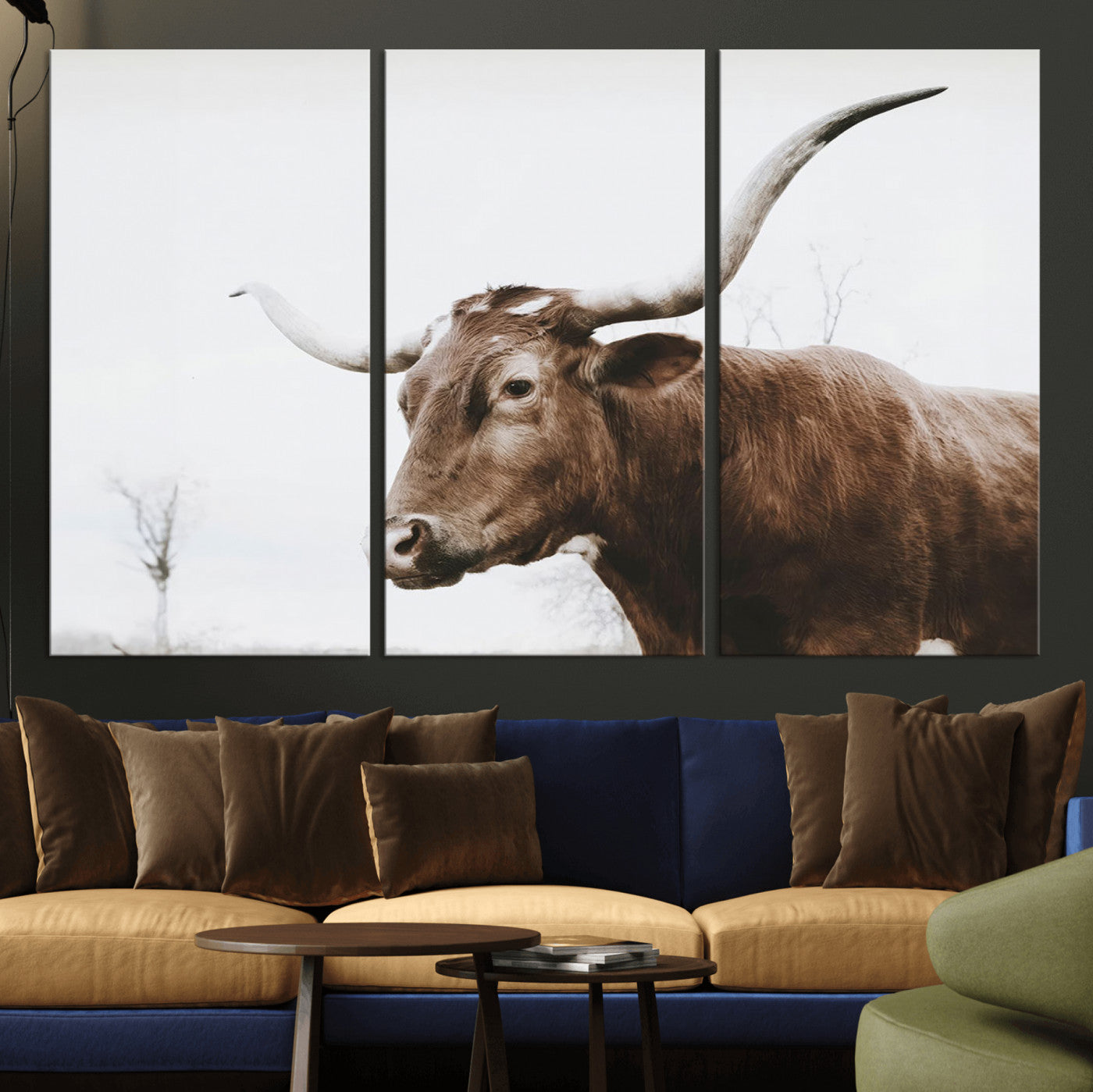 MGV-CV-48X32-3P - Rustic Bull Wall Art Canvas Print – Modern Longhorn Farmhouse Animal Decor – Abstract Farm Cow