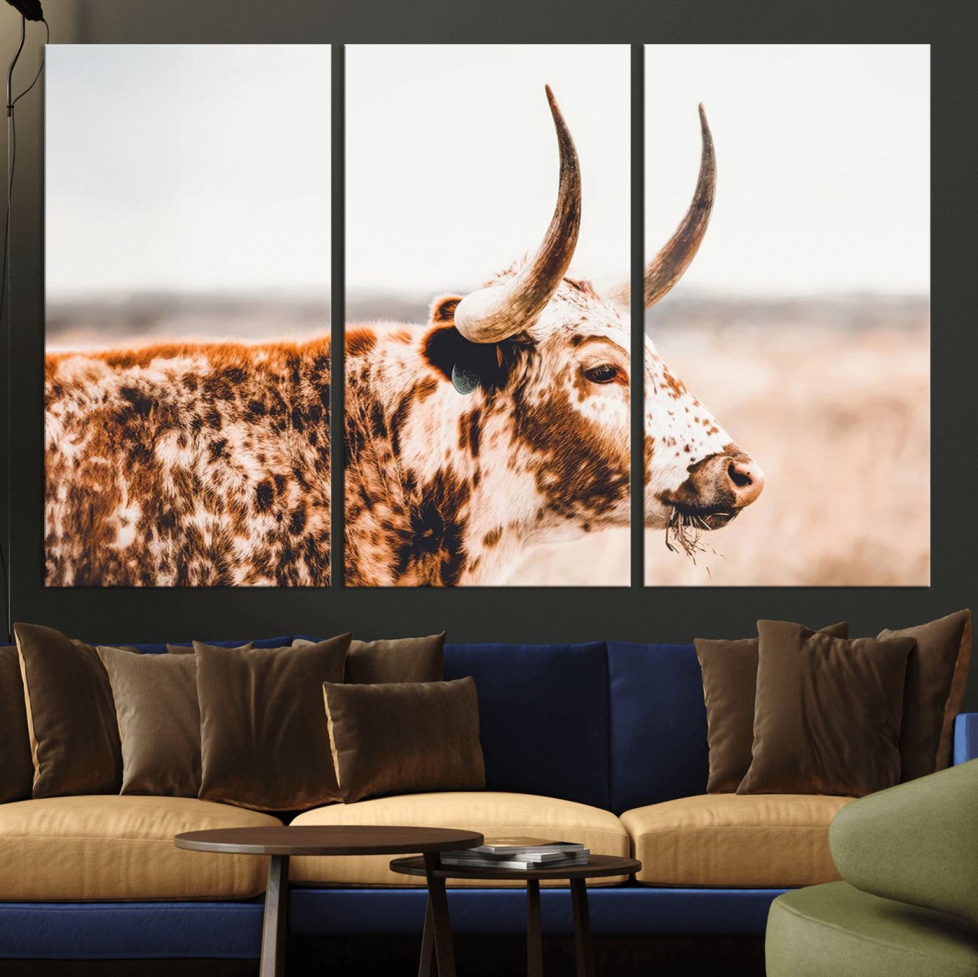-Speckled Bull Wall Art Canvas Print – Rustic Cow Longhorn Farmhouse Animal Decor – Western Longhorn