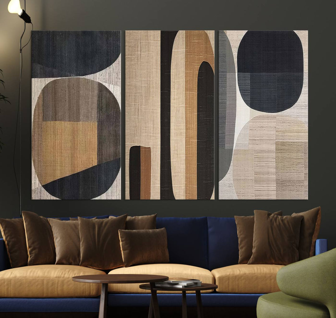 A modern dining room featuring neutral geometric boho abstract minimalist canvas art.