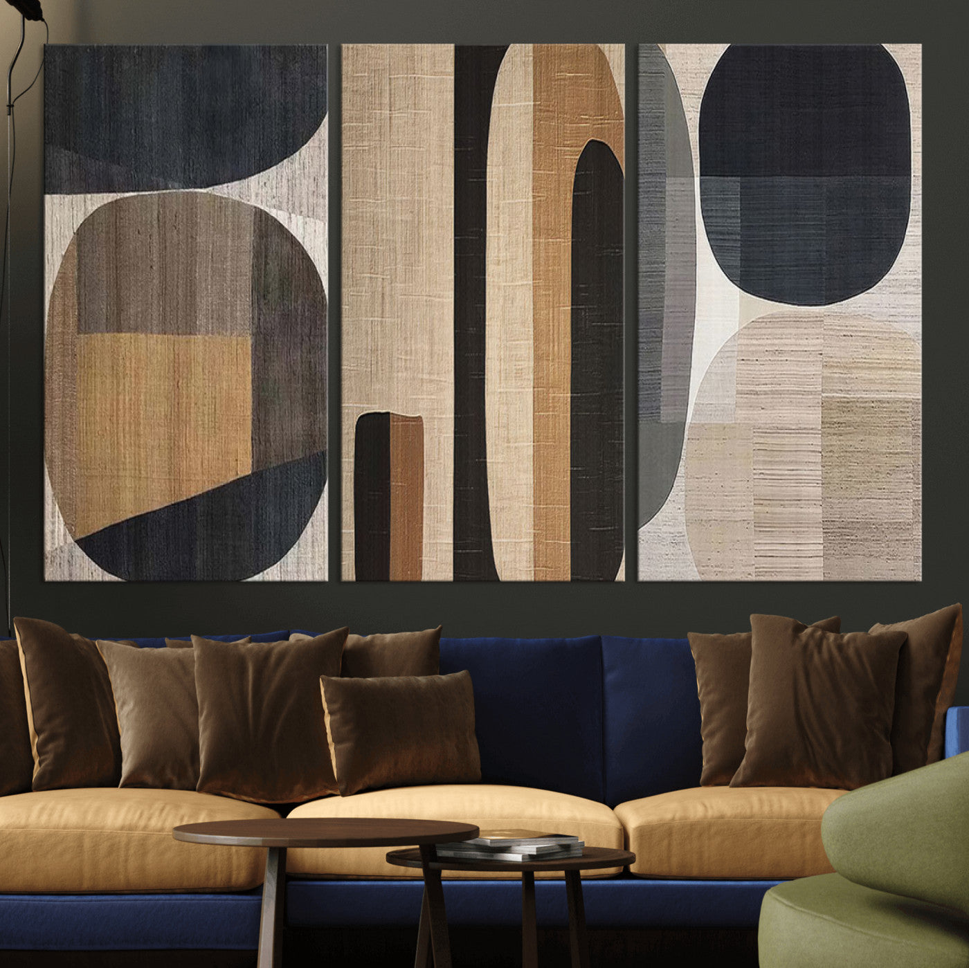 MGV-CV-48X32-3P - Abstract Minimalist Canvas Wall Art - Neutral Geometric Modern Boho Decor, Minimalist Brown Wabi