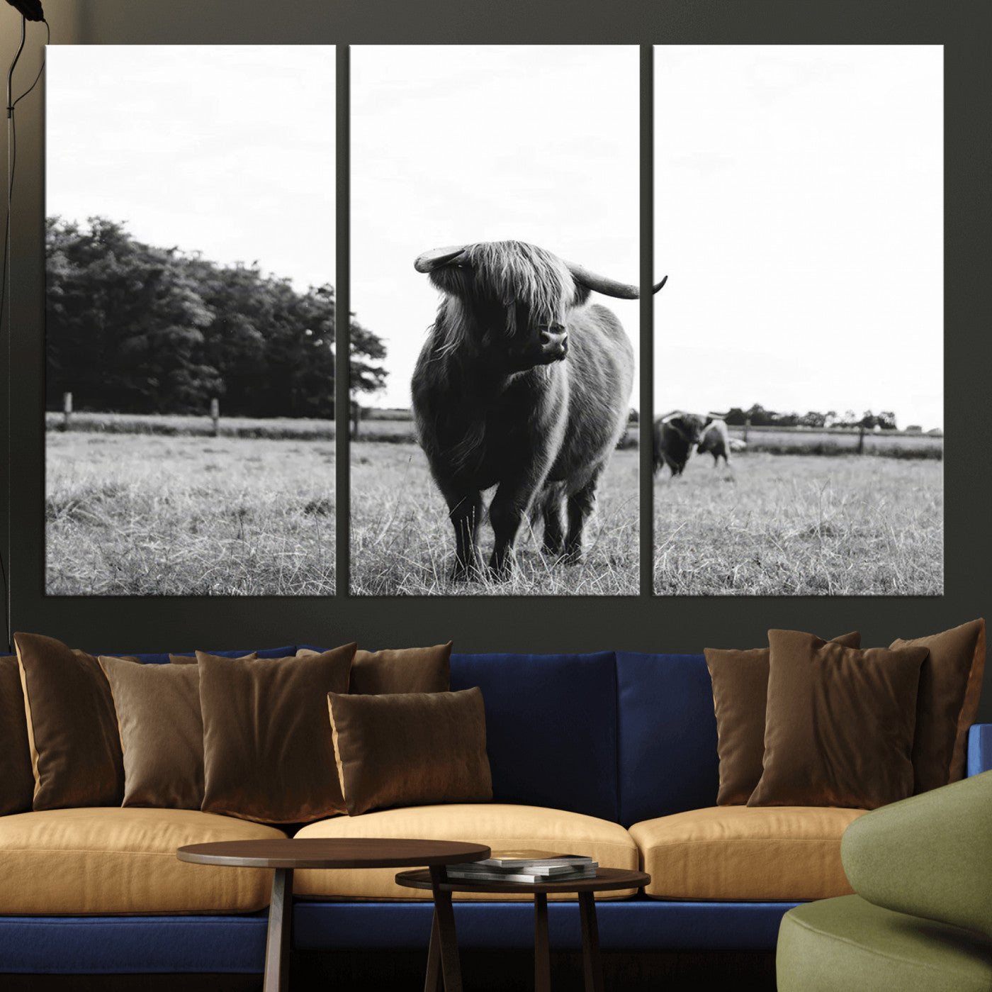 MGV-CV-48X32-3P - Black and White Highland Cow Wall Art Canvas Print | Rustic Western Decor for Living Room or Office,