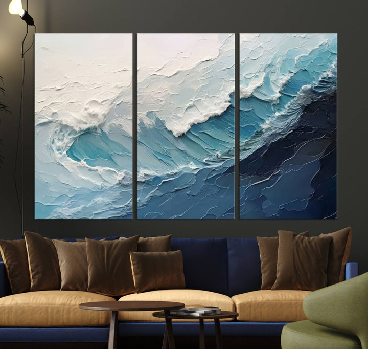 The Blue Abstract Wave Ocean Wall Art Canvas Print hangs prominently.