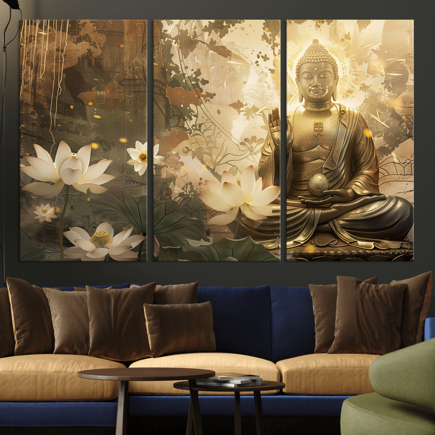 MGV-CV-48X32-3P - Zen Buddha Wall Art Canvas Print | Peaceful Meditation Decor with Lotus Flowers | Spiritual Serenity