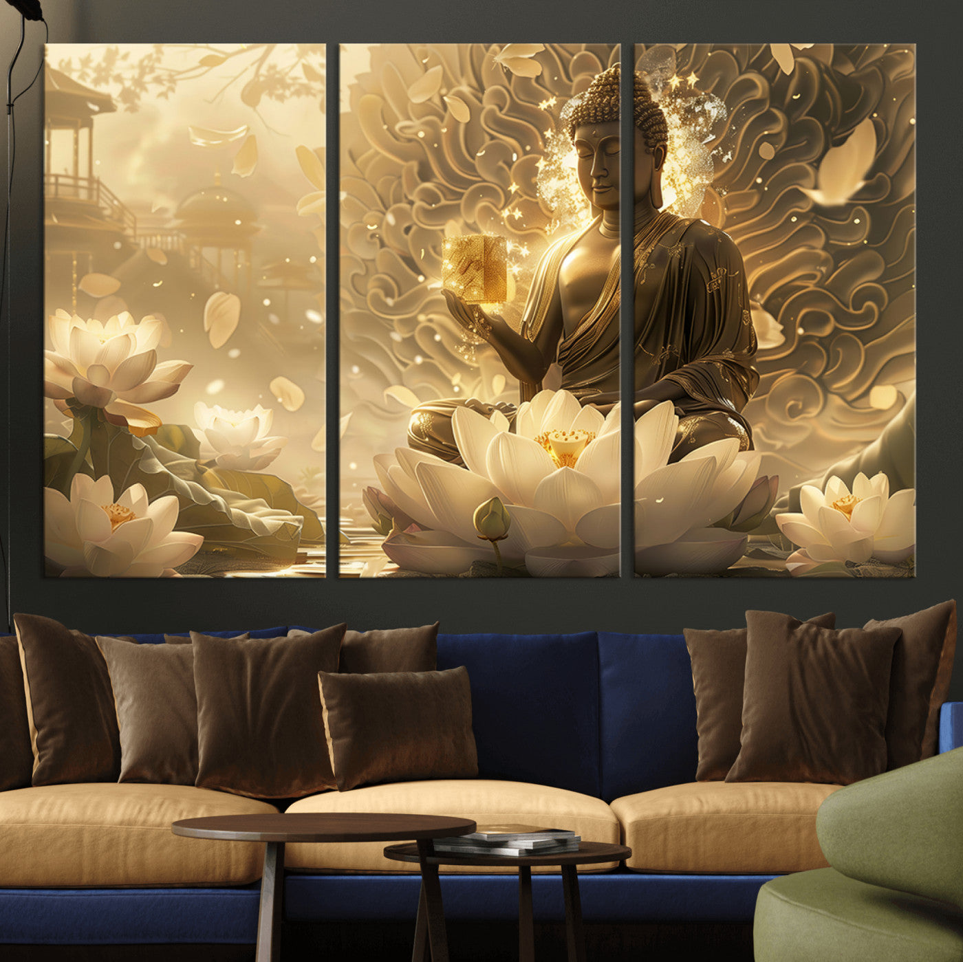 MGV-CV-48X32-3P - Golden Buddha Wall Art | Yoga Room Decor and Meditation Room Wall Art | Framed and Ready to Hang
