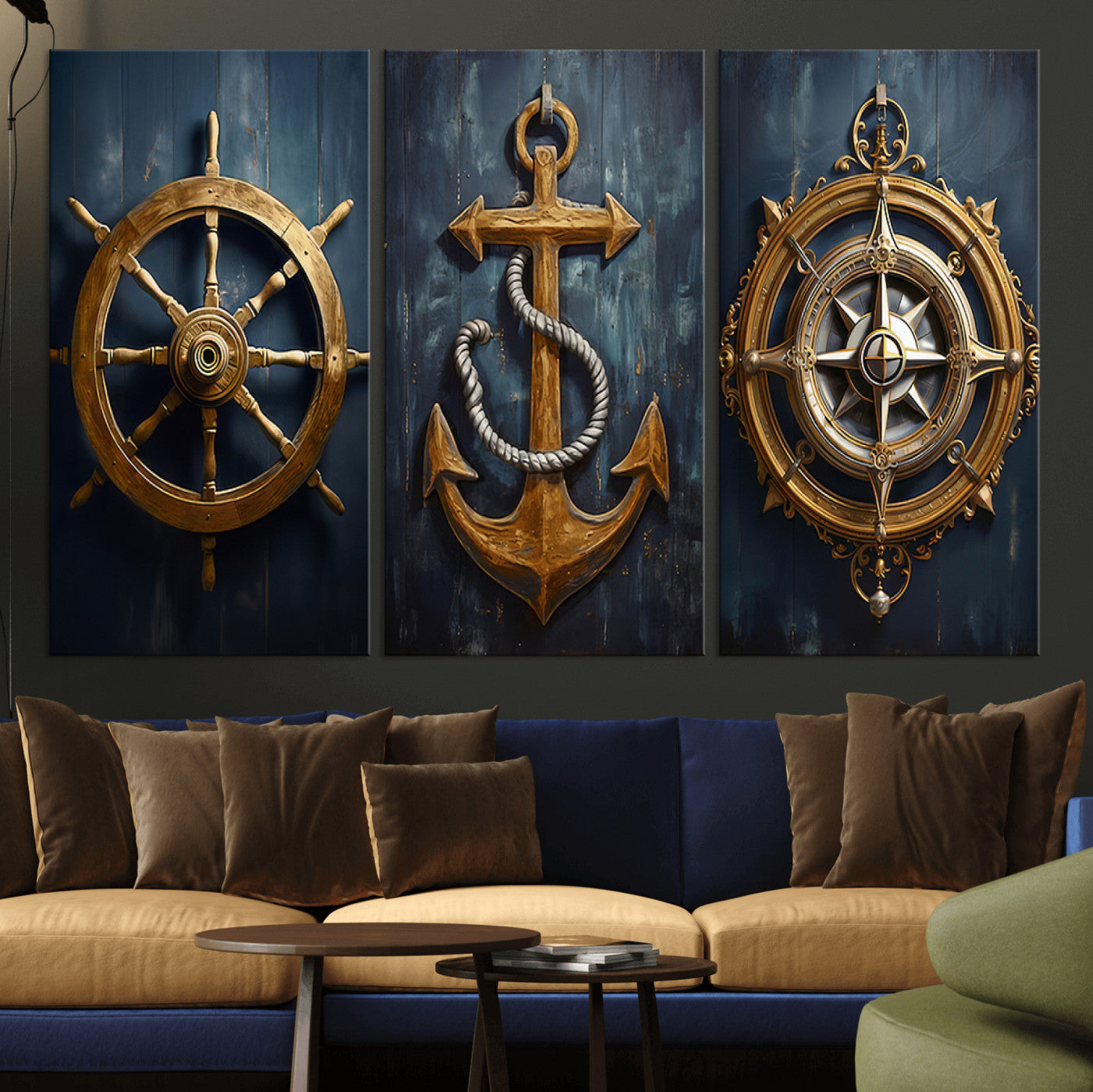 MGV-CV-48X32-3P - Boat Anchor Compass With Rope Wall Art Canvas Print | Beach House Wall Art