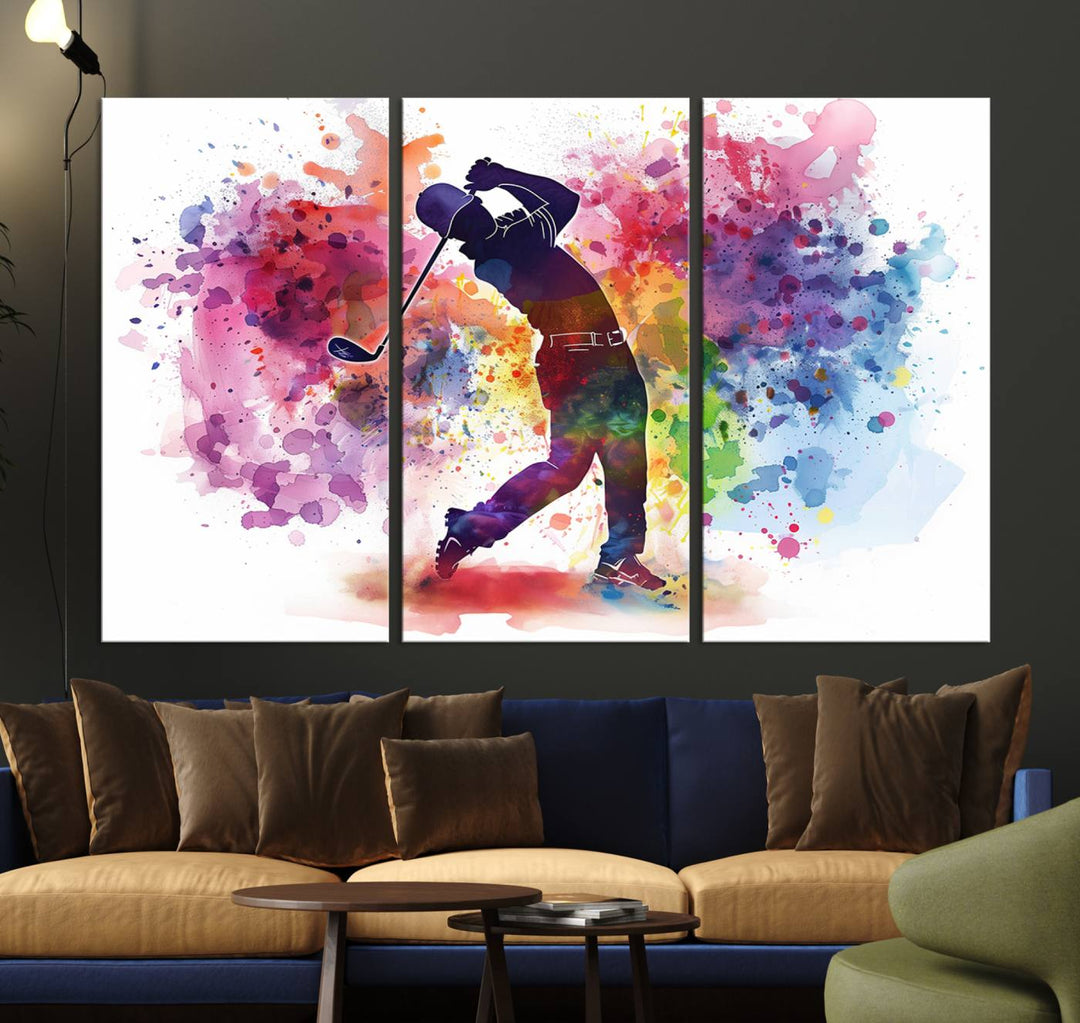 Modern decor: The Colorful Golfer Swing Wall Art Canvas Print hangs prominently on the wall.