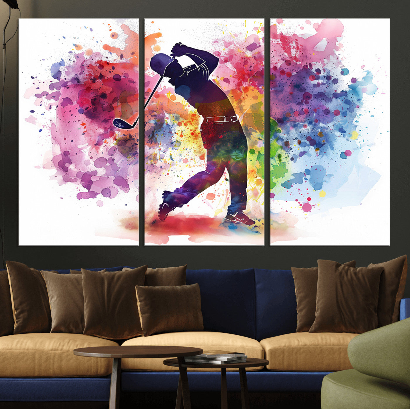 66537-MGV-CV-36X24-Colorful Golfer Swing Wall Art Canvas Print - Ready to Hang, Framed Sports Decor