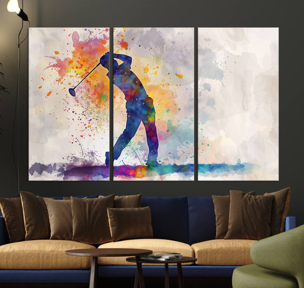 Vibrant abstract golf player canvas print, ideal for golf enthusiasts.