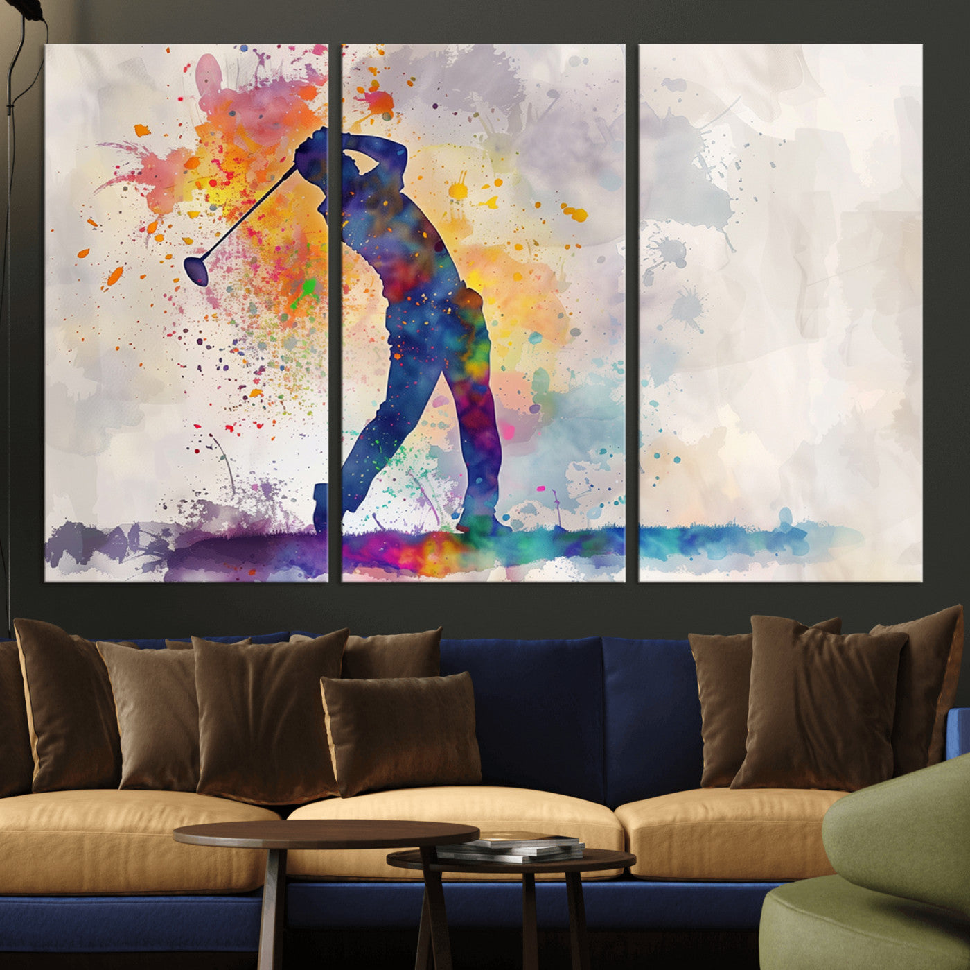 MGV-CV-48X32-3P - Watercolor Golf Swing Wall Art Canvas Print | Vibrant Abstract Golf Player Silhouette |