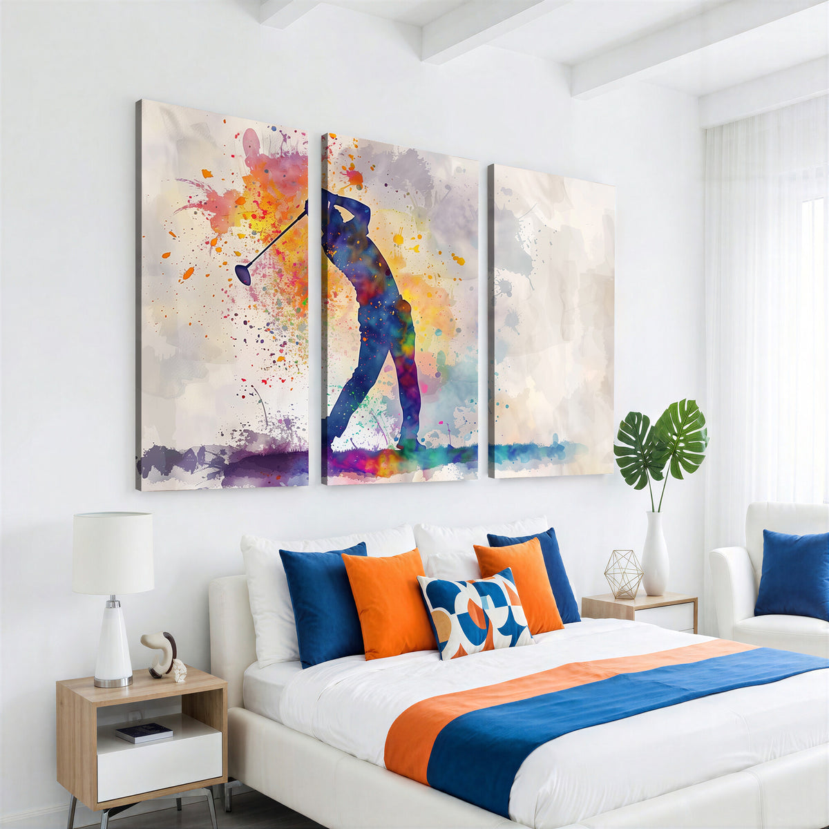 89625-MGV-CV-36X24 - Vibrant Watercolor Golf Swing Wall Art Canvas Print | Extra Large 3 Piece Canvas Wall Art