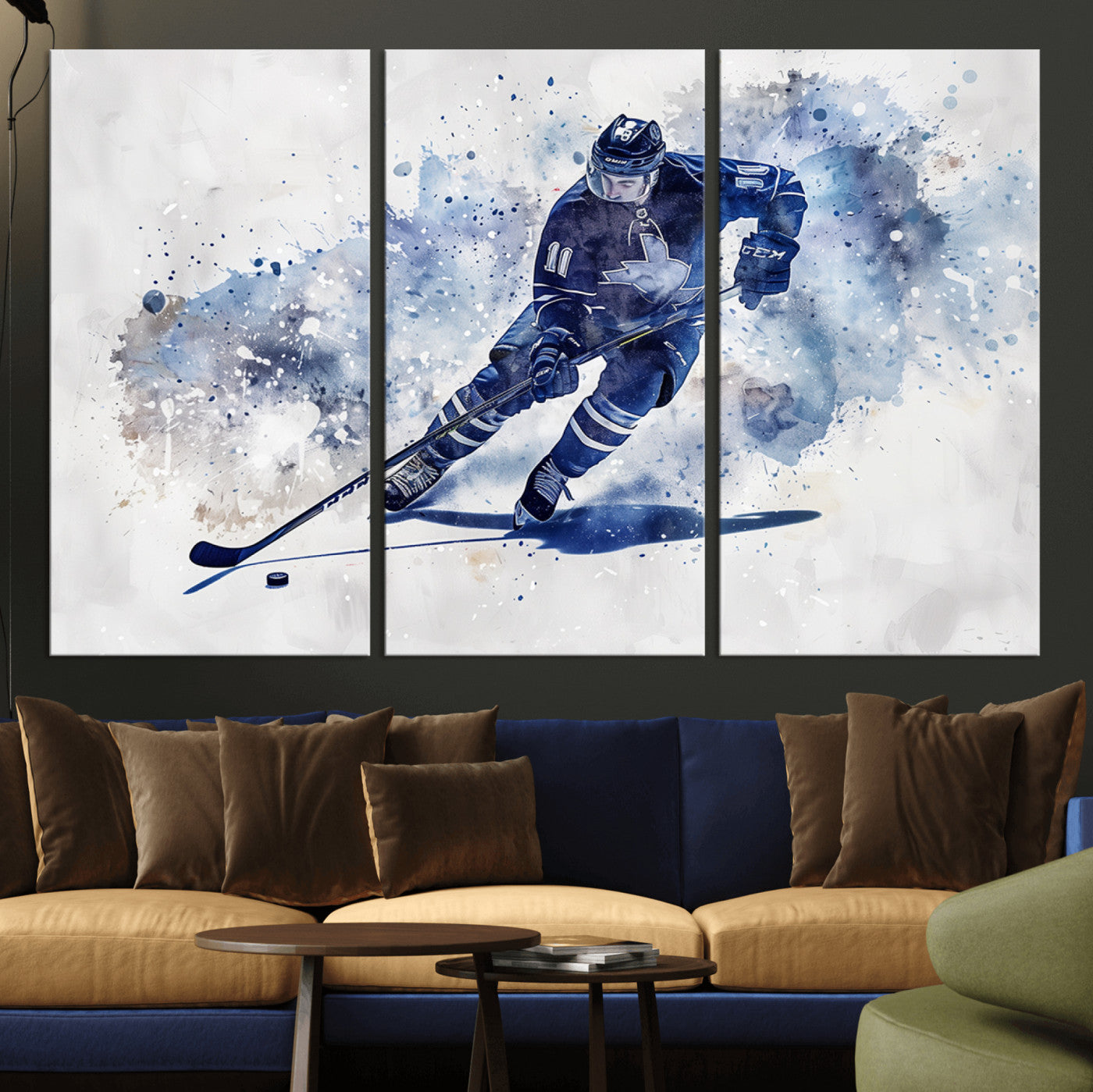 39795-MGV-CV-36X24-Hockey Player Wall Art Canvas Print - Sports-Inspired Watercolor Decor - Ready to Hang
