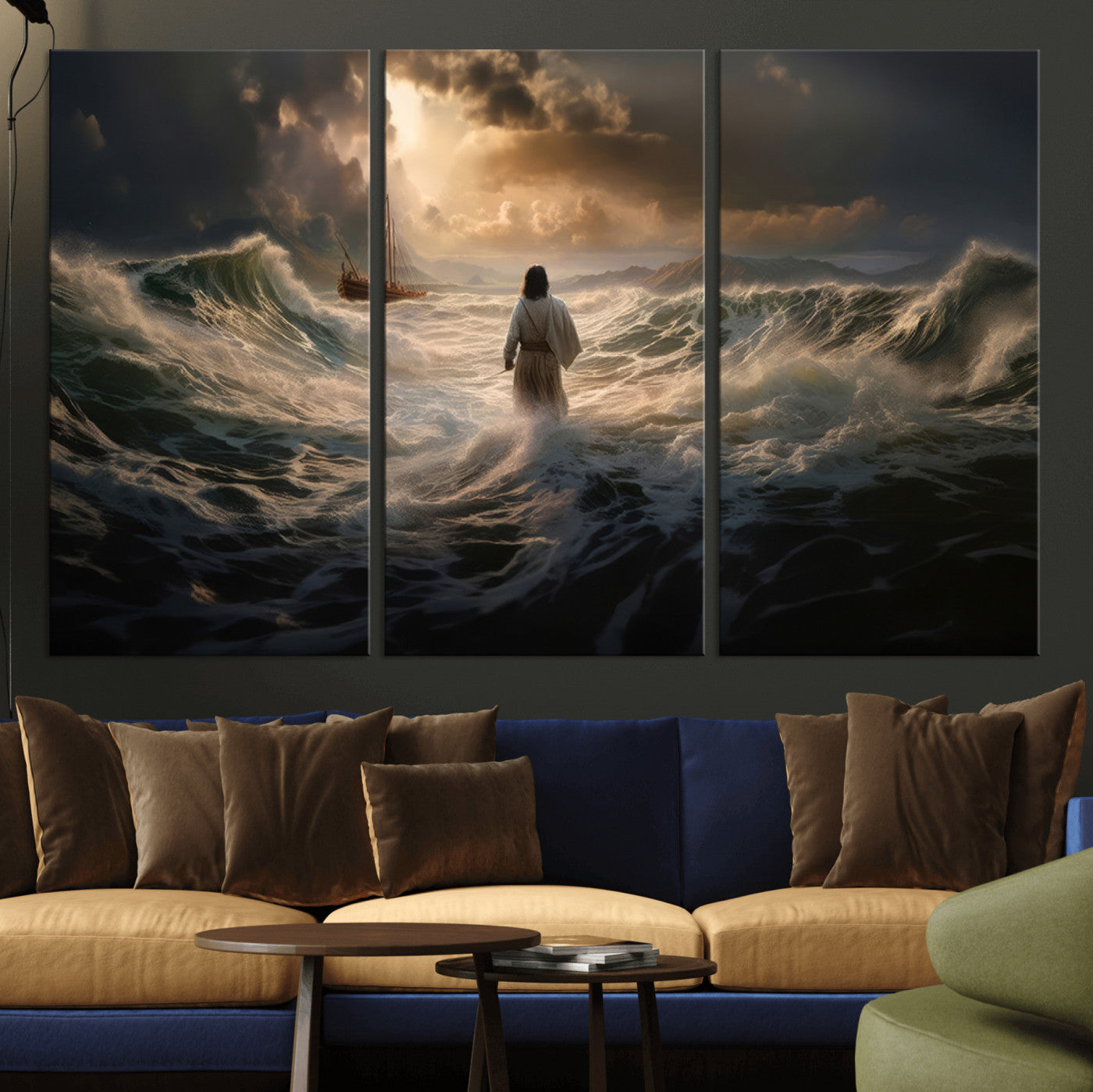 MGV-CV-48X32-3P - Jesus Walking on Water Wall Art Canvas Print - Religious Spiritual Decor - Jesus Wall Art Canvas