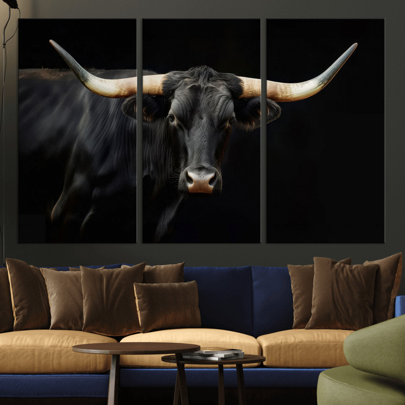 MGV-CV-48X32-3P - Texas Longhorn Cow | Majestic Black Bull Wall Art Canvas Print - Farmhouse Animal Decor - Ready to