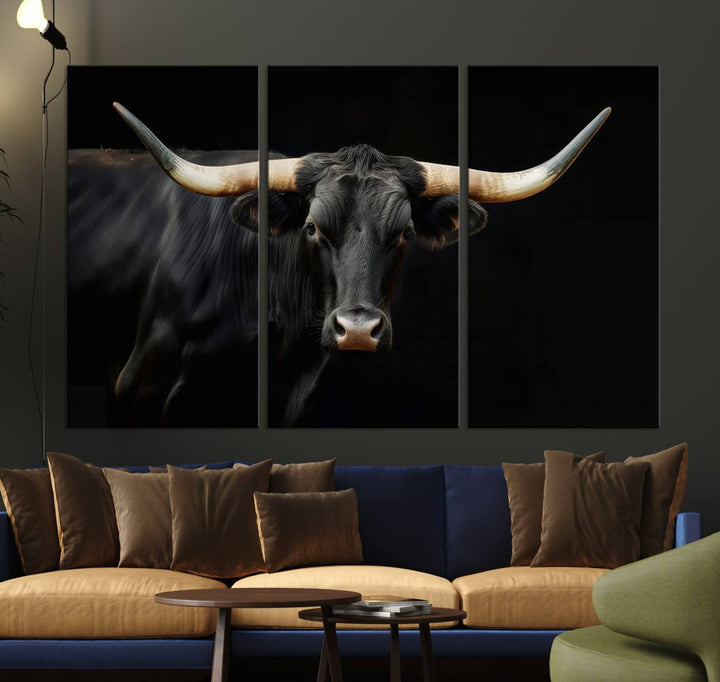 Texas Longhorn Cow | Majestic Black Bull Wall Art Canvas Print - Farmhouse Animal Decor - Ready to Hang