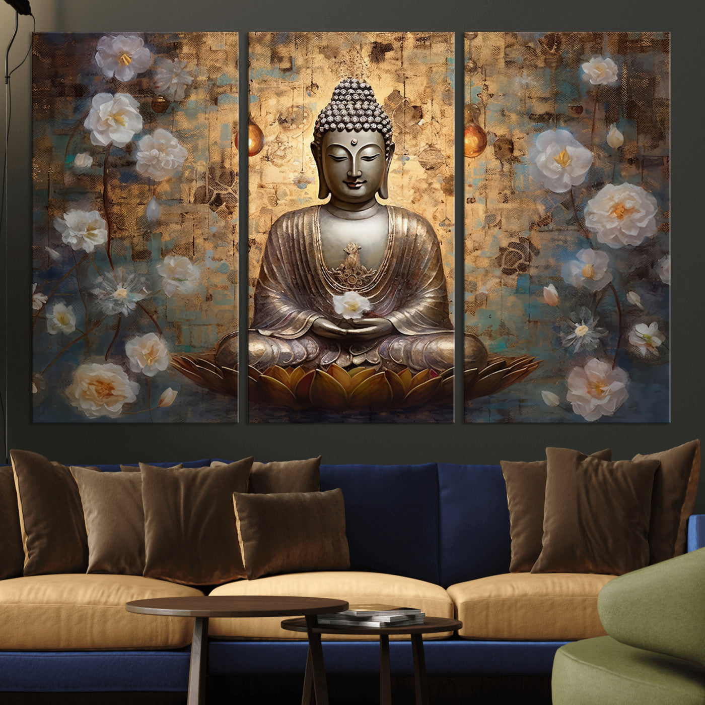 MGV-CV-48X32-3P - Golden Buddha Wall Art Canvas Print | Zen Meditation Floral Decor | Tranquil Spiritual Home Art |