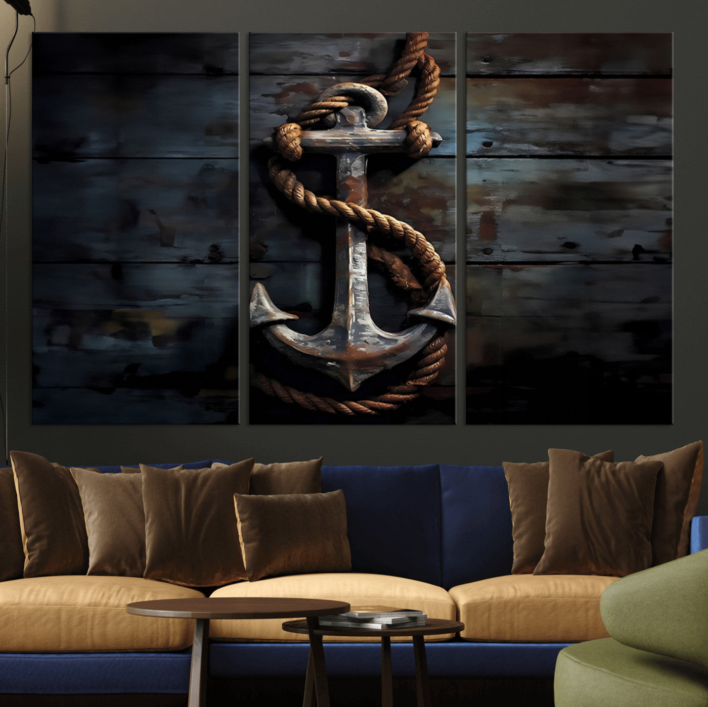 MGV-CV-48X32-3P - 3 Panel Grunge Abstract Anchor Wall Art Canvas Print Set