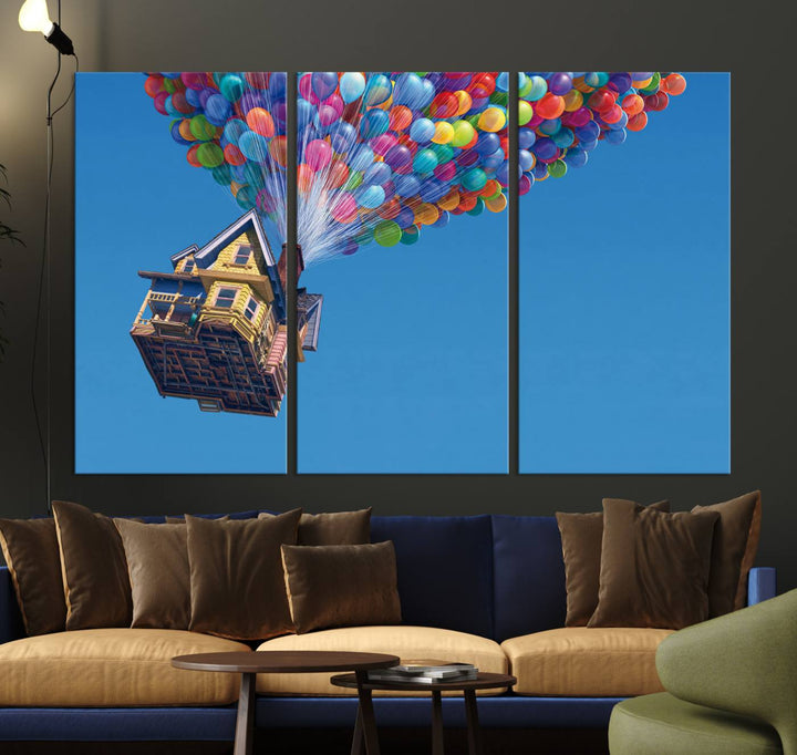 The "Carl Fredricksen, Up Movie Wall Art" features a three-panel design with a house lifted by colorful balloons, adding whimsical decor to any space.