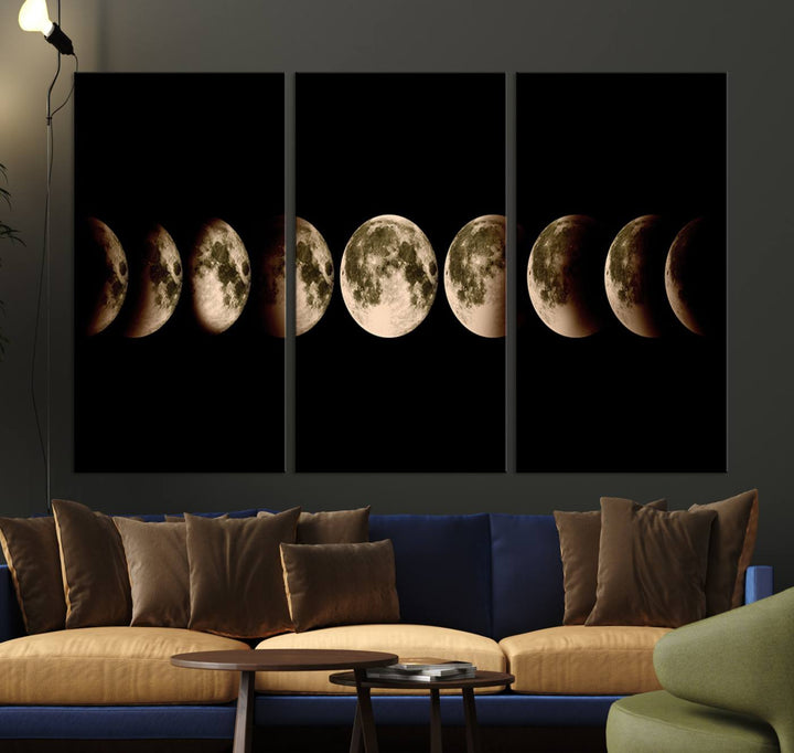 The "Phases of the Moon Wall Art" canvas print elegantly hangs on the wall.