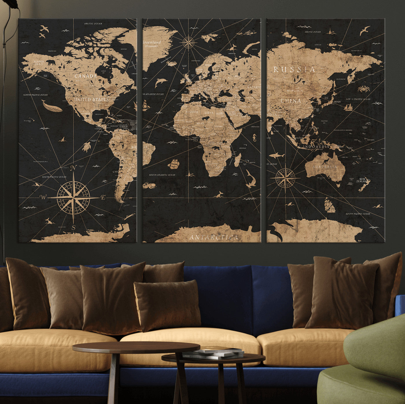 61023-MGV-CV-36X24-Vintage Push Pin World Map Canvas Print – Framed Travel Tracker Wall Art, Rustic Adventure Map Gift for Home or Office Decor