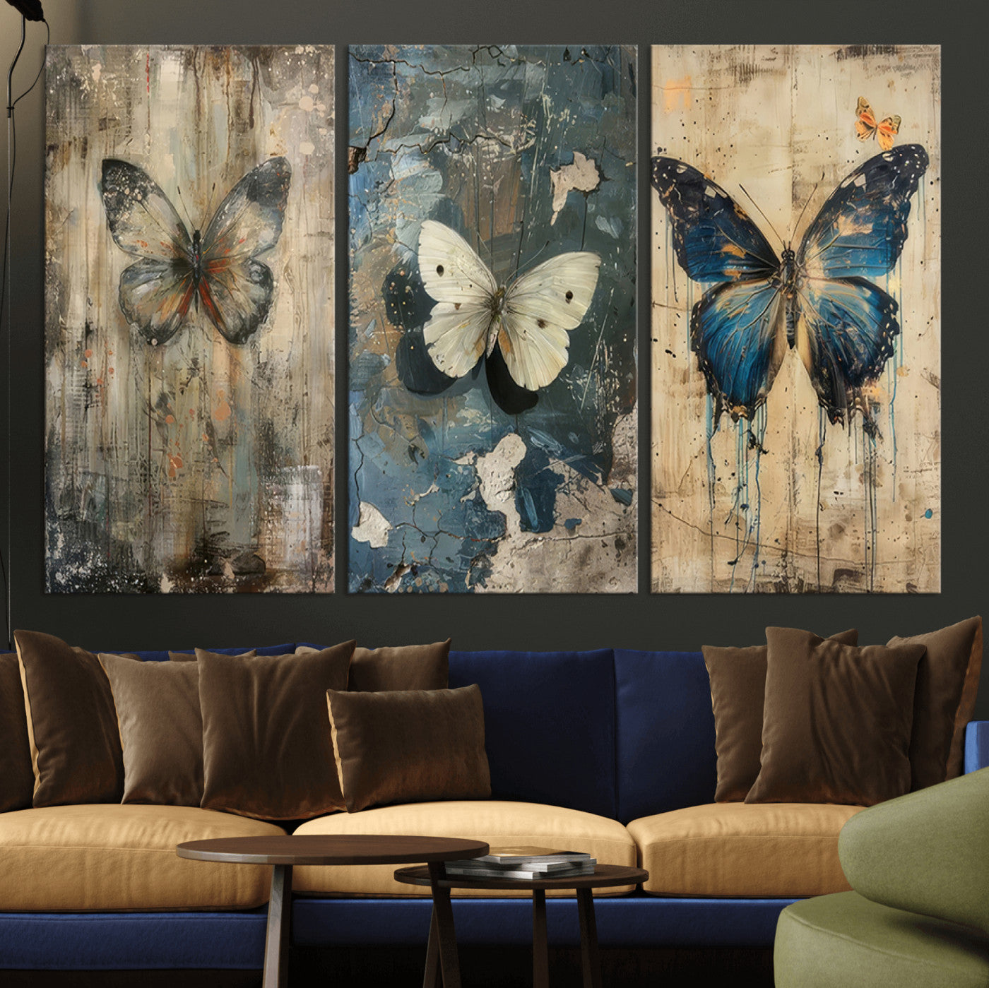 MGV-CV-48X32-3P - Butterfly Wall Art Trio | Vintage Butterfly Canvas Print | Ready to Hang Framed Artwork for
