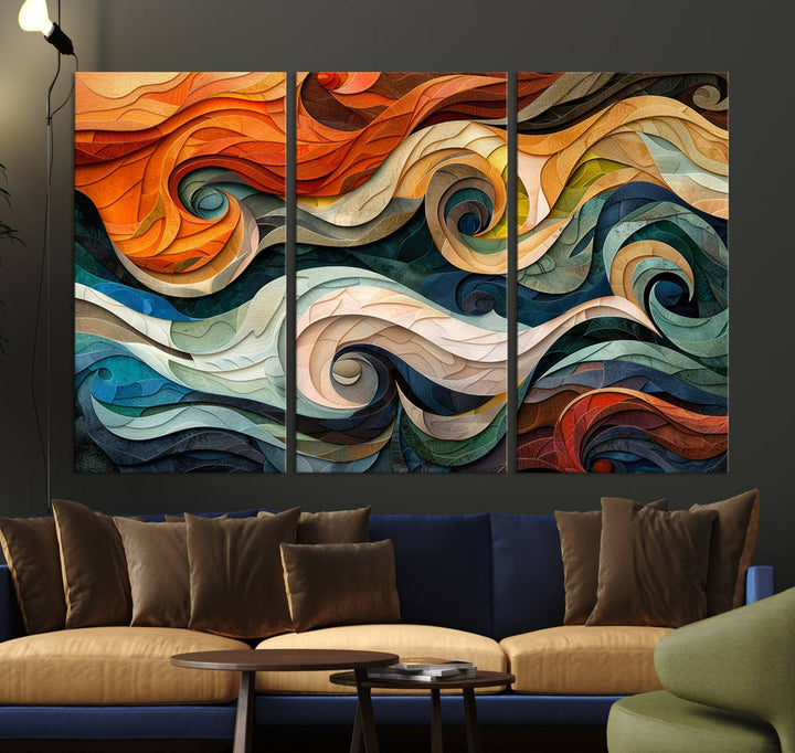 Abstract Wave Wall Art is a ready-to-hang framed canvas print featuring swirling orange, blue, and white patterns. It's perfect for adding vibrant decor to modern spaces.