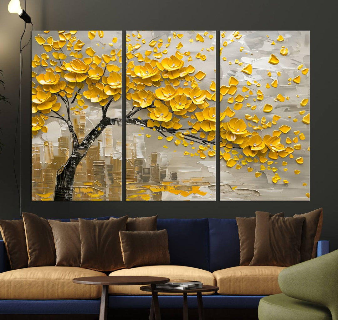 The living room showcases a Yellow Blossom Tree Canvas Wall Art, modern and floral.