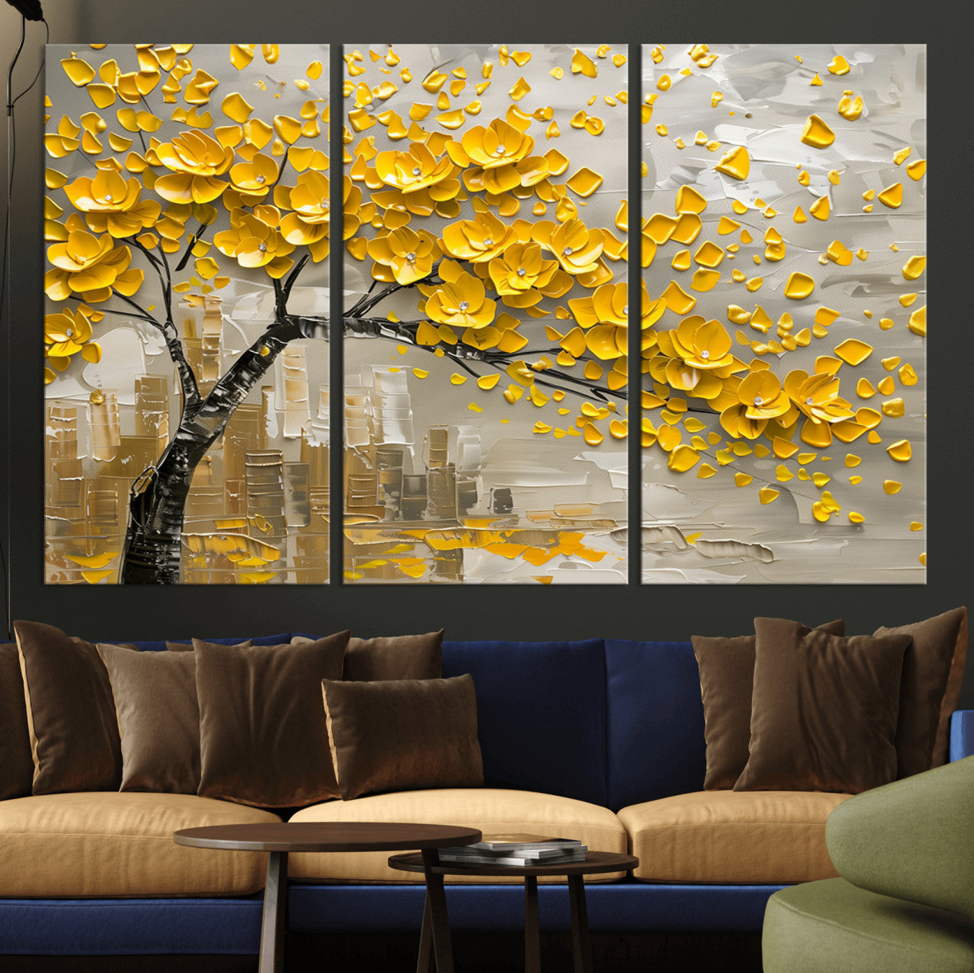 MGV-CV-48X32-3P - Yellow Blossom Tree Canvas Wall Art - Floral Abstract Modern Contemporary Artwork for Living Room or
