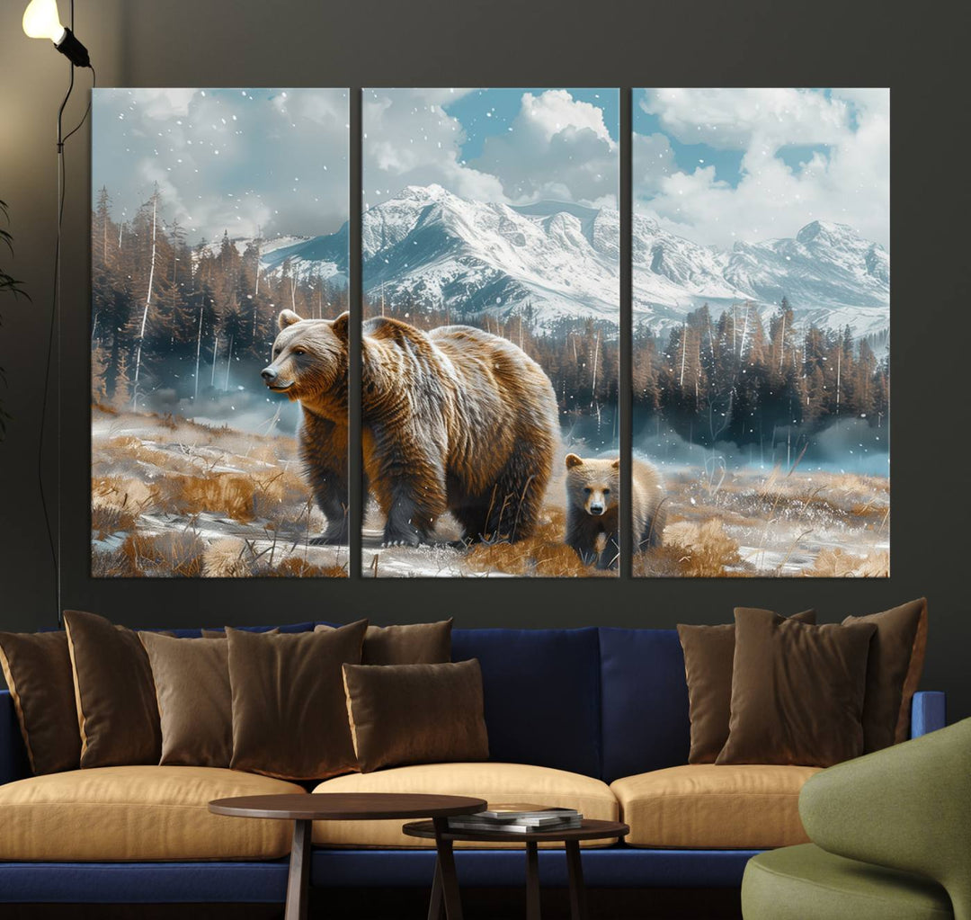 The modern living room features a Bear and Baby Bear Wall Art Canvas Print depicting a snowy mountain landscape, making it a stunning visual piece and a meaningful gift idea.