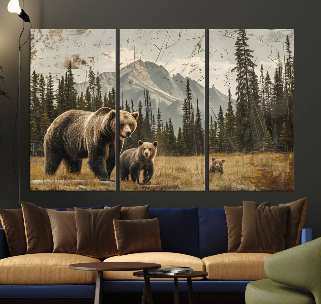 Displaying the Rustic Grizzly 399 Bear Family Wall Art Canvas Print in a modern living space adds remarkable charm. This triptych piece showcases a bear family in the forest, printed on museum-quality canvas and ready to hang, seamlessly enhancing your decor with its striking detail and elegance.