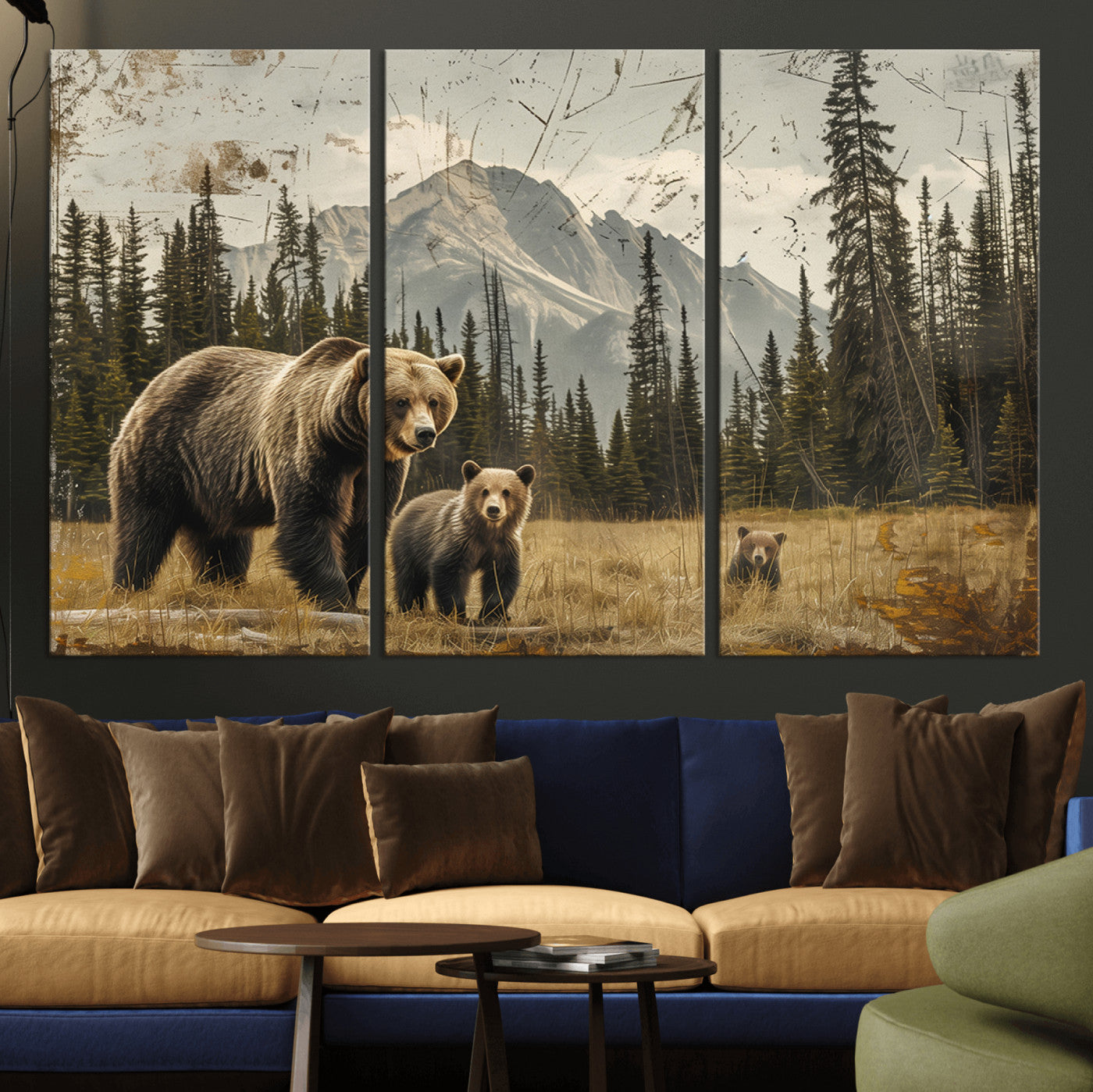 MGV-CV-48X32-3P - Rustic Grizzly 399 Bear Family Wall Art Canvas Print