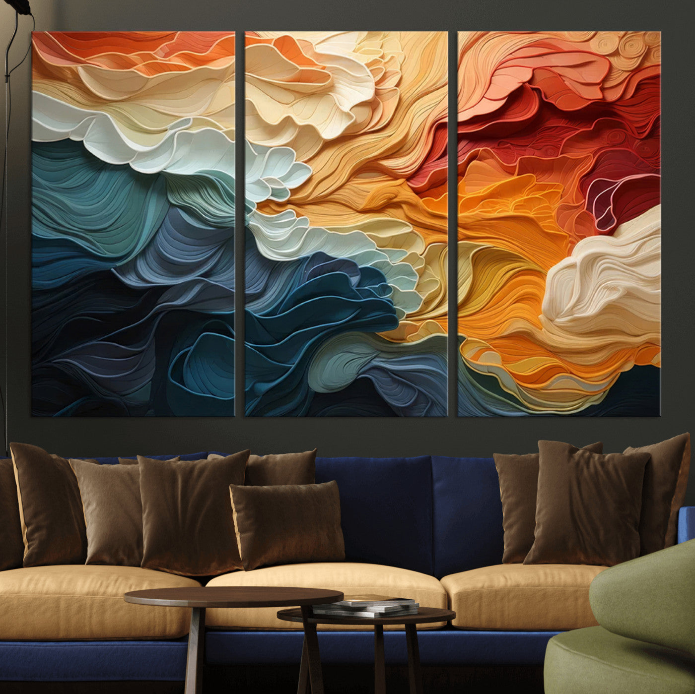 31634-MGV-CV-48X32-3P-Blue Orange Abstract Wave Wall Art Canvas Print, Framed Blue Orange Wave Wall Art