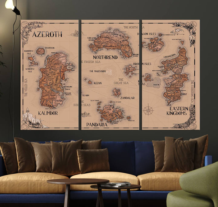 The Vintage Azeroth World Map Canvas Print, a stunning three-piece set, enhances the space with its vintage charm, perfectly complementing your gaming decor.