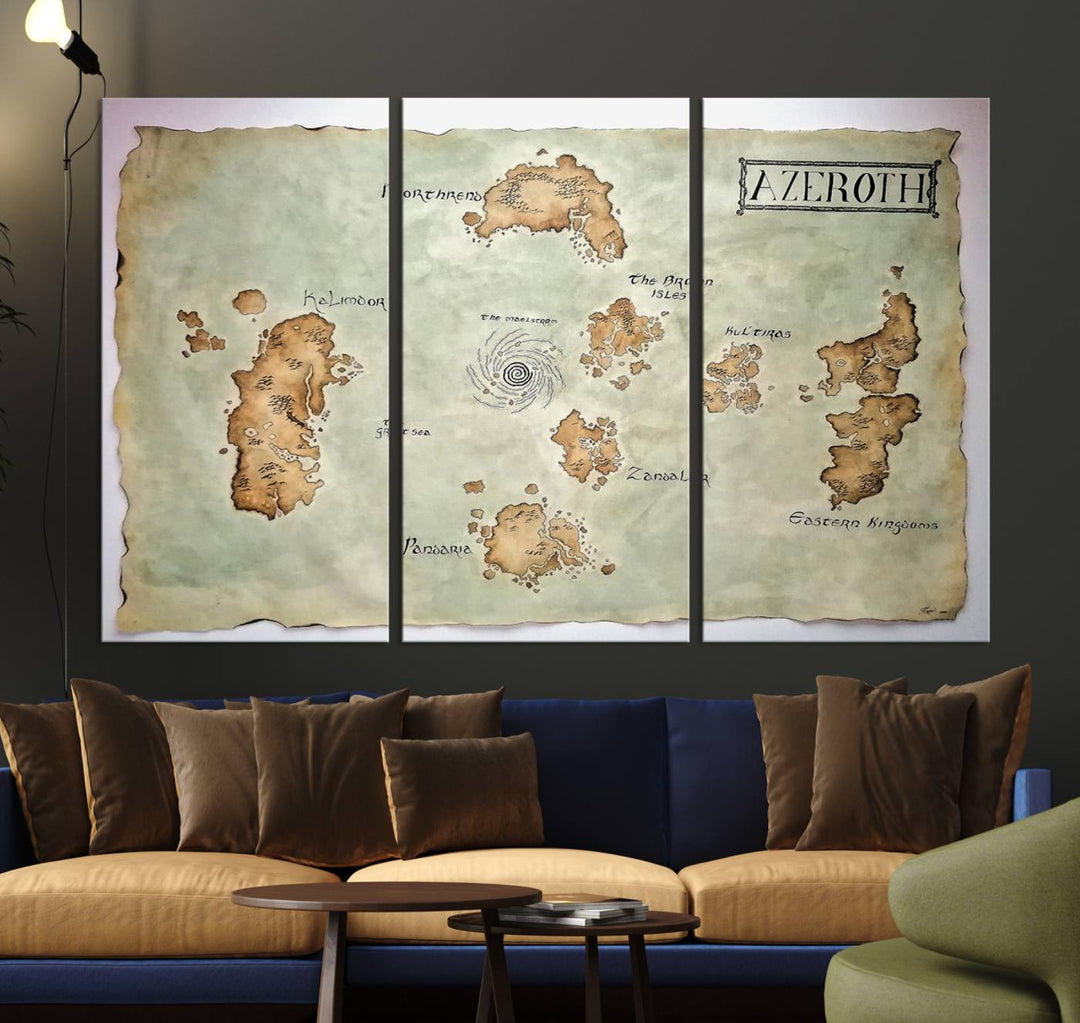 The Azeroth World Map Wall Art Canvas Print, a three-panel vintage piece, brings a cozy fantasy gaming atmosphere to the room.