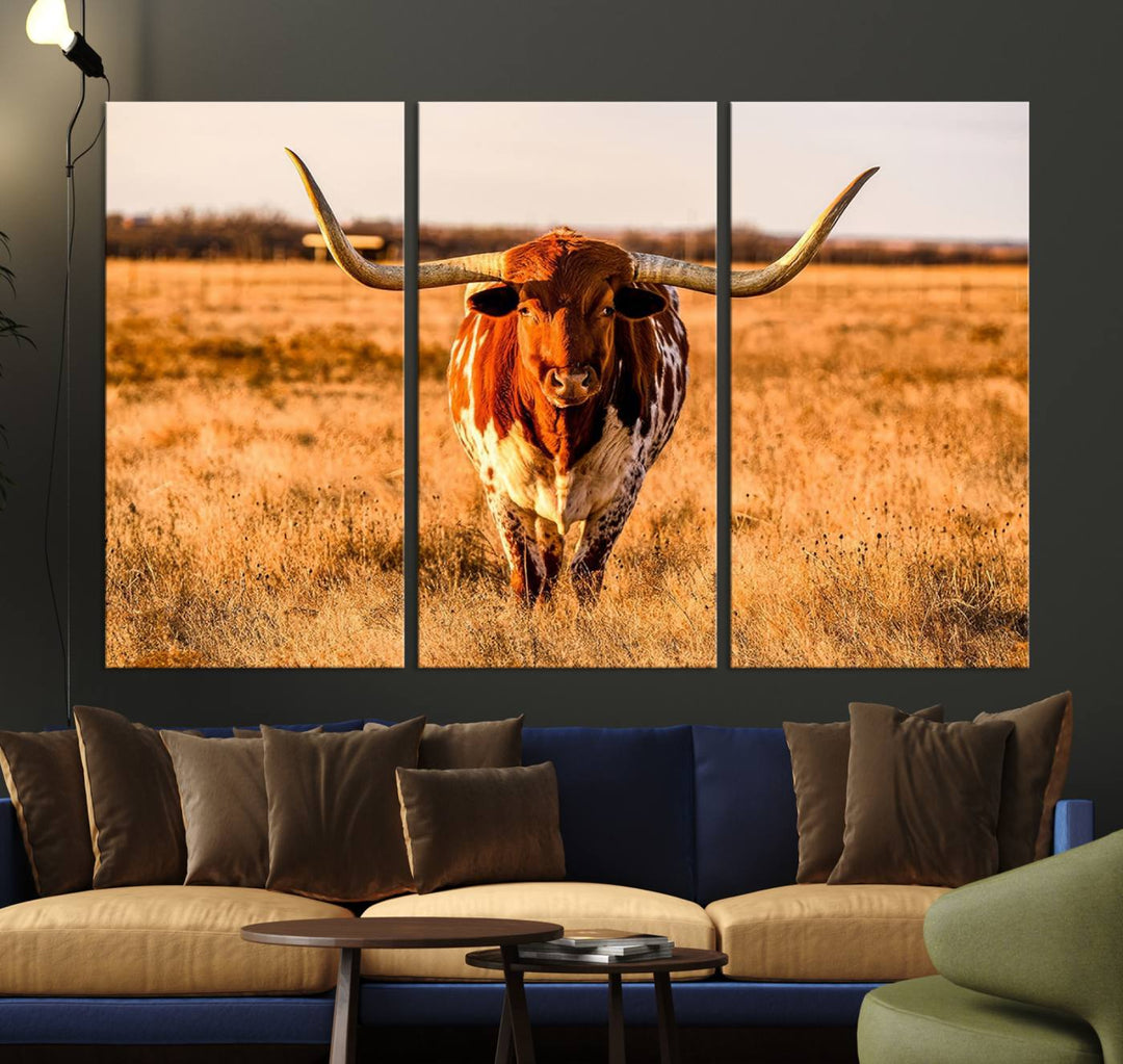 The Longhorn Cow Wall Art framed canvas brings rustic charm and farmhouse decor with its warm field scene.