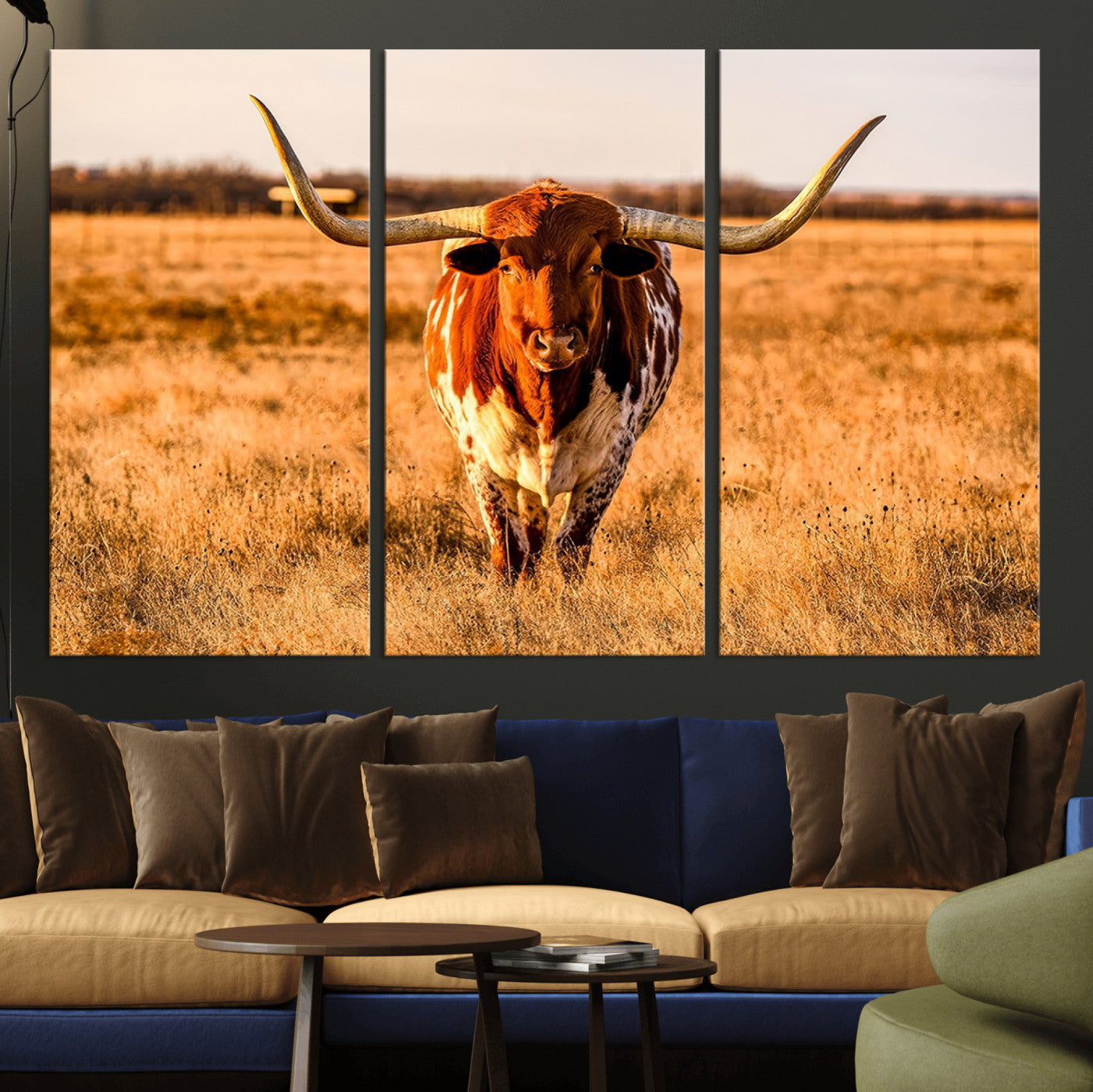 MGV-CV-48X32-3P - Longhorn Cow Wall Art | Ready to Hang Framed Canvas Print for Farmhouse and Barn Decor