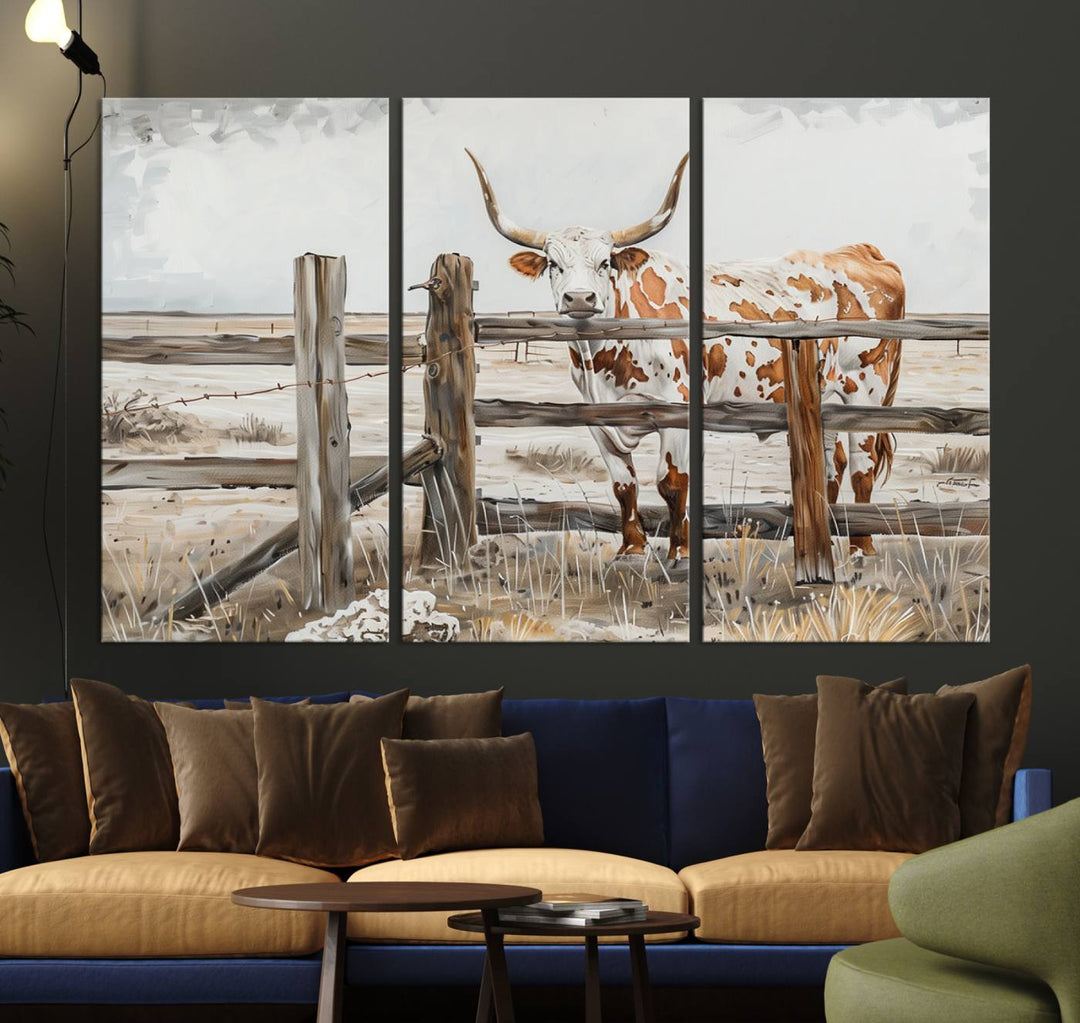 The Abstract Longhorn Cow Wall Art, a ready-to-hang framed canvas print, adds rustic charm and perfectly captures the essence of rural elegance.