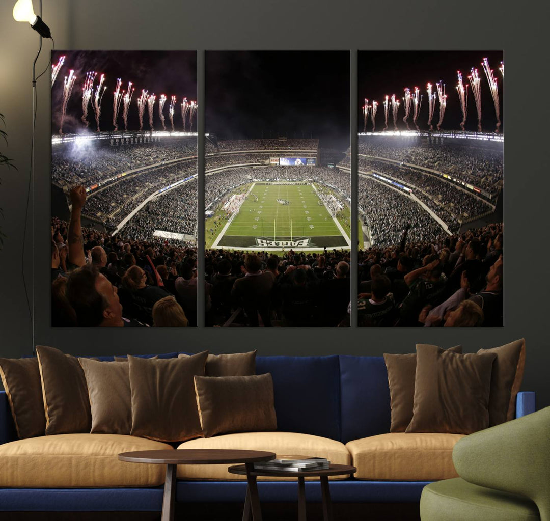 The living room features a spectacular Philadelphia Eagles Football Team Print. This wall art canvas print of Lincoln Financial Field at night captures a Philadelphia Eagles game under the dazzling brilliance of fireworks, making it an eye-catching centerpiece.