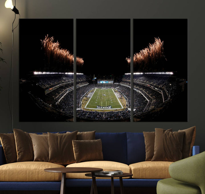 A stunning triptych wall art featuring the Philadelphia Eagles Football Team Print, capturing Lincoln Financial Field with spectacular fireworks.